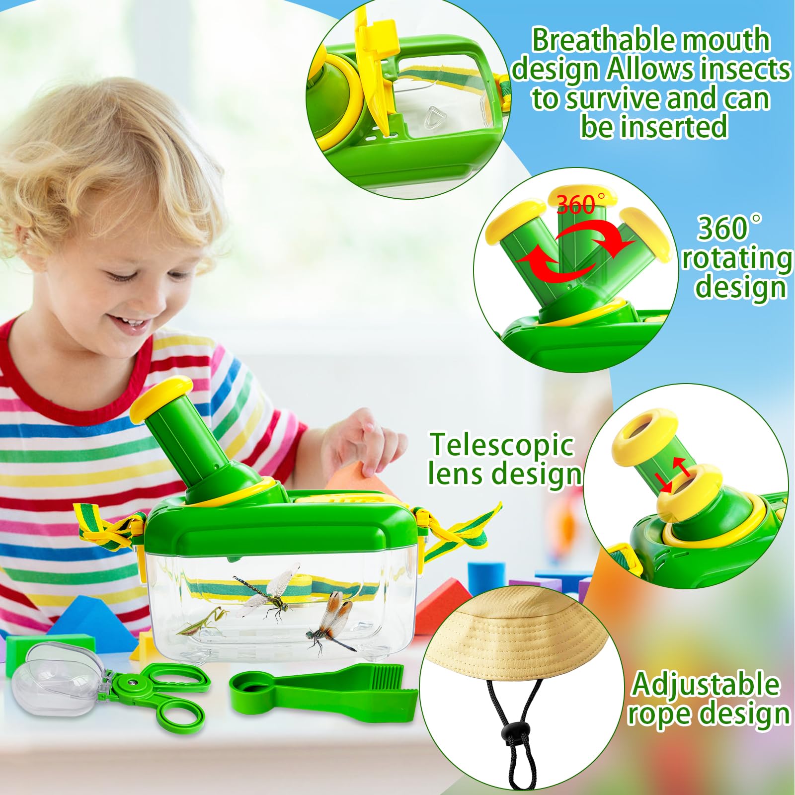 Bug Catcher Kit for Kids,8 Pcs Kids Bug Habitat with Bug Collector Butterfly Net Magnifying Glass Binoculars Tweezer Hats,Outdoor Explorer Kit