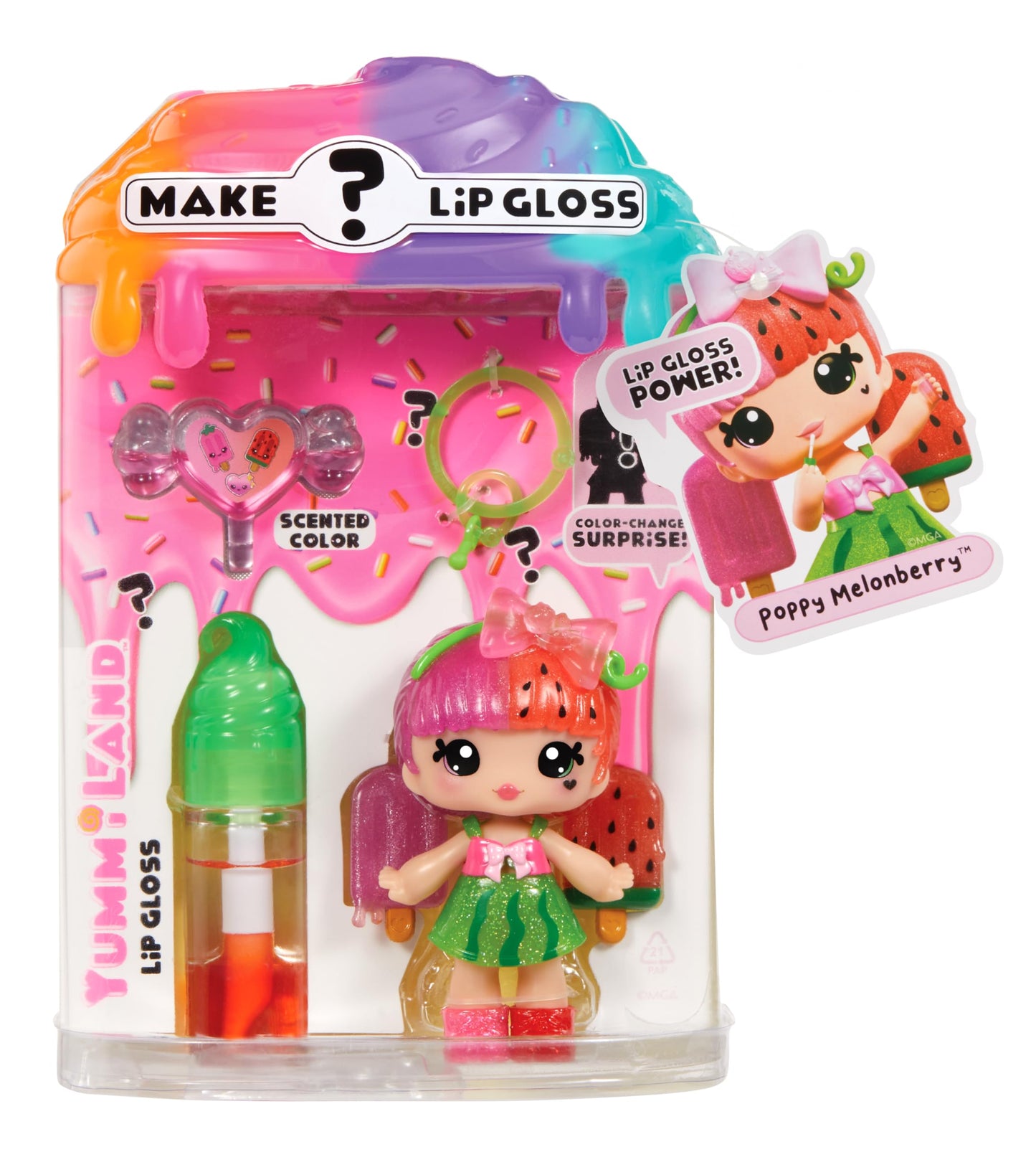 Yummiland Lip Gloss Doll: Mystery Color Change - Poppy Melonberry Includes DIY Lip Gloss + Removable Keychain, Cosmetic Play, Collectible, Ages 4+