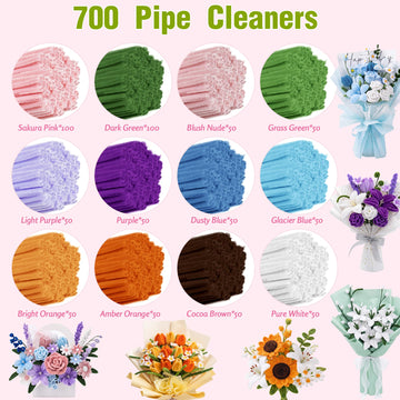 800 PCS Pipe Cleaner Flower Kit, 12 Colors Chenille Stems Craft Kit with Floral Stems, Tape, Stamens, Ribbons, Manual - Make DIY Flowers