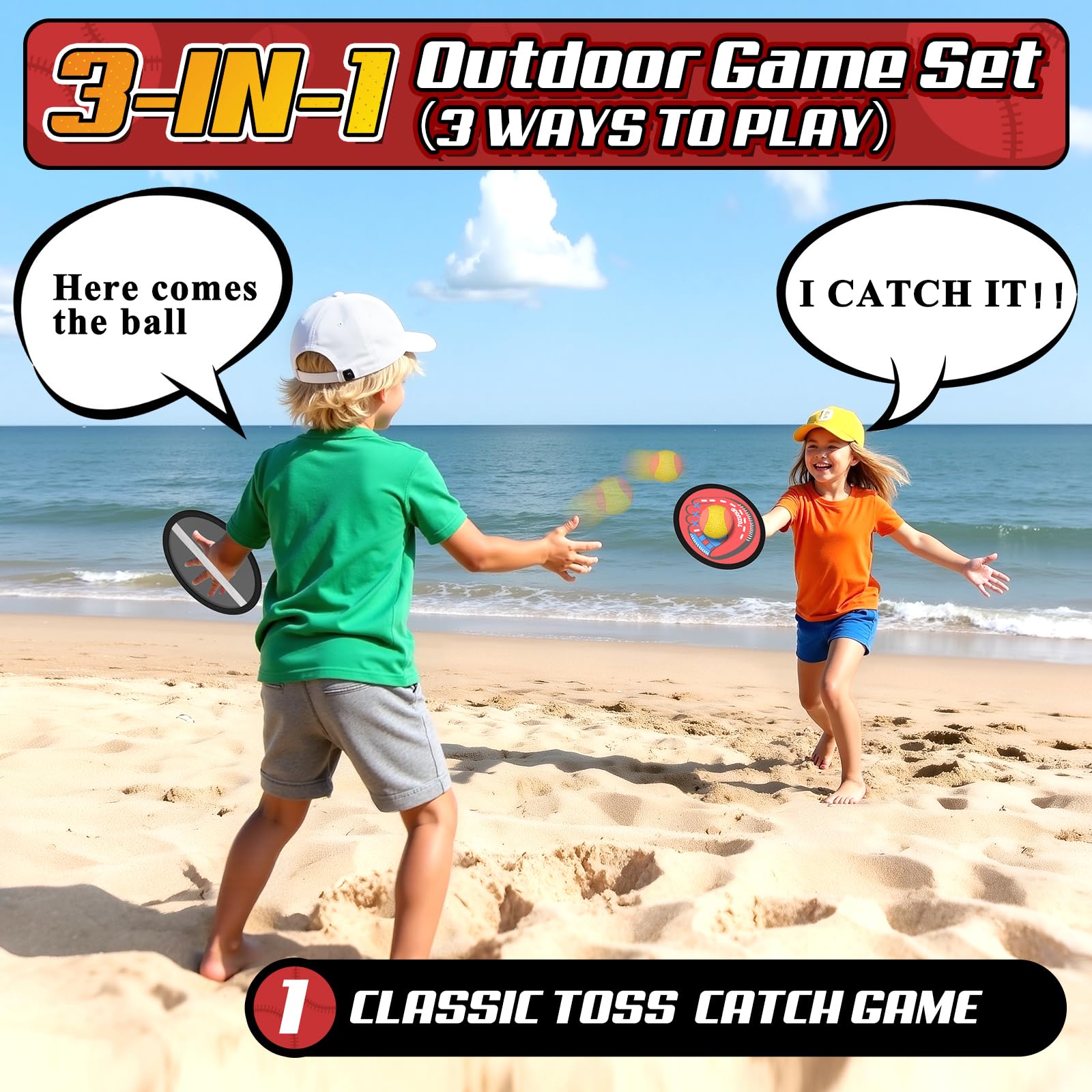 Tozuoup 3-in-1 Toss Catch Ball Game Set, Kids Baseball Glove, Beach Games Outdoor Yard Lawn Toys for Kids & Family, Birthday Gifts Toys for 3 4 5 6 7