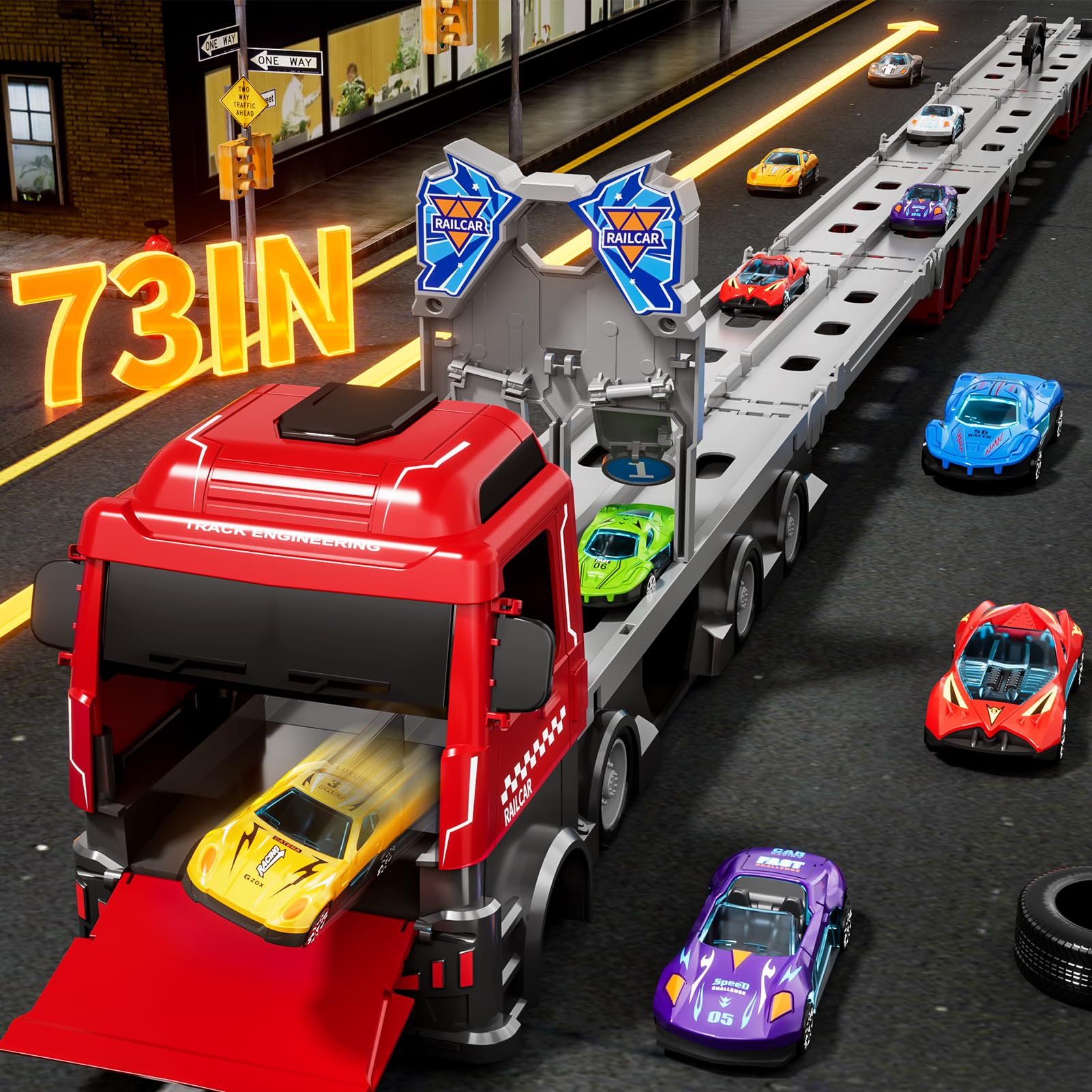 Kenthoris 78 inches Transport Truck with 24pcs Die-Cast Cars Toys, Cars Toddler Toys Gifts for 2-7 Years Old Boys & Girls, Blue Modern Truck Toys