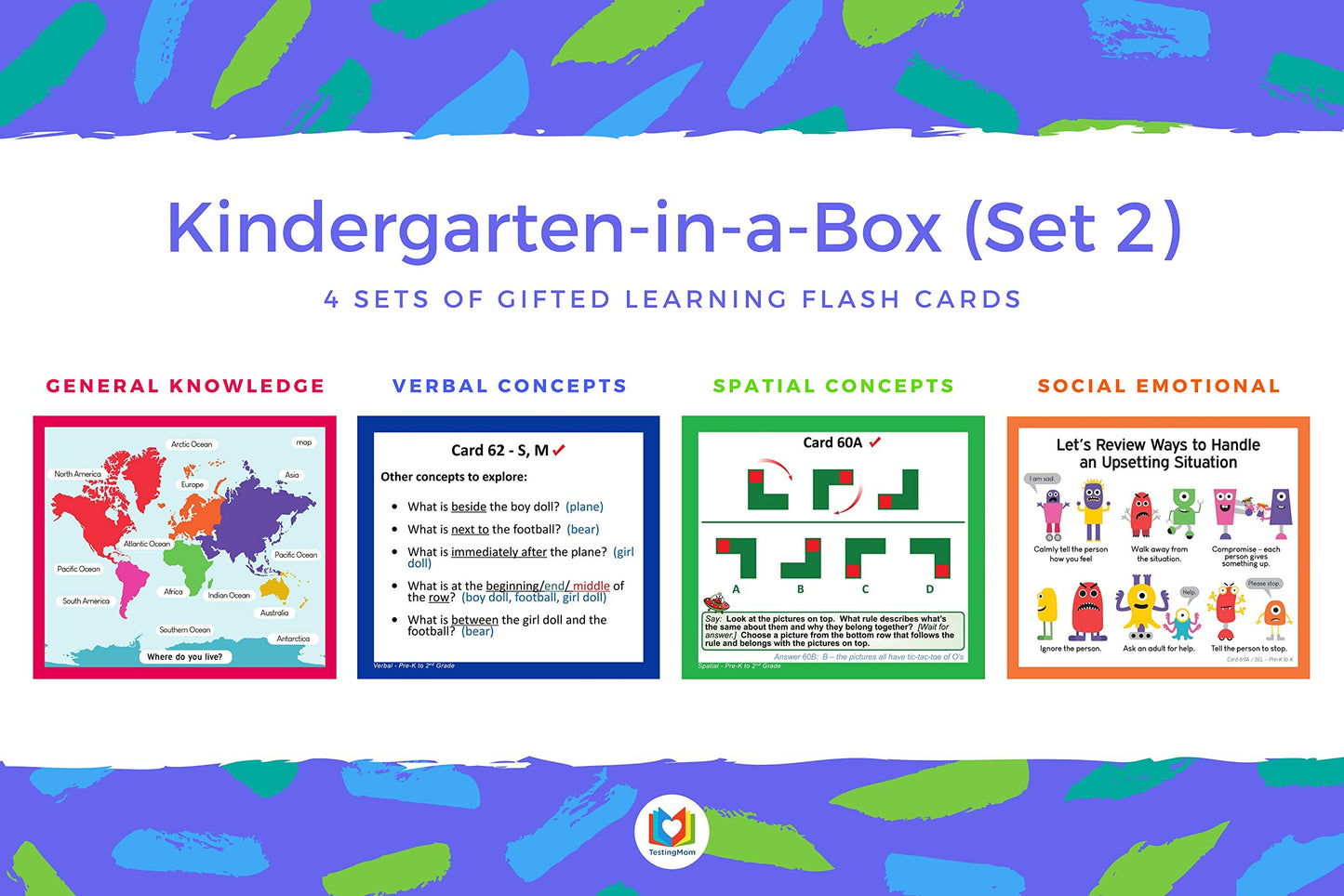 TestingMom.com Kindergarten-In-A-Box - Gifted Learning Flash Cards Bundle (Set 2) - General Knowledge, Verbal, Spatial, Social Emotional Learning