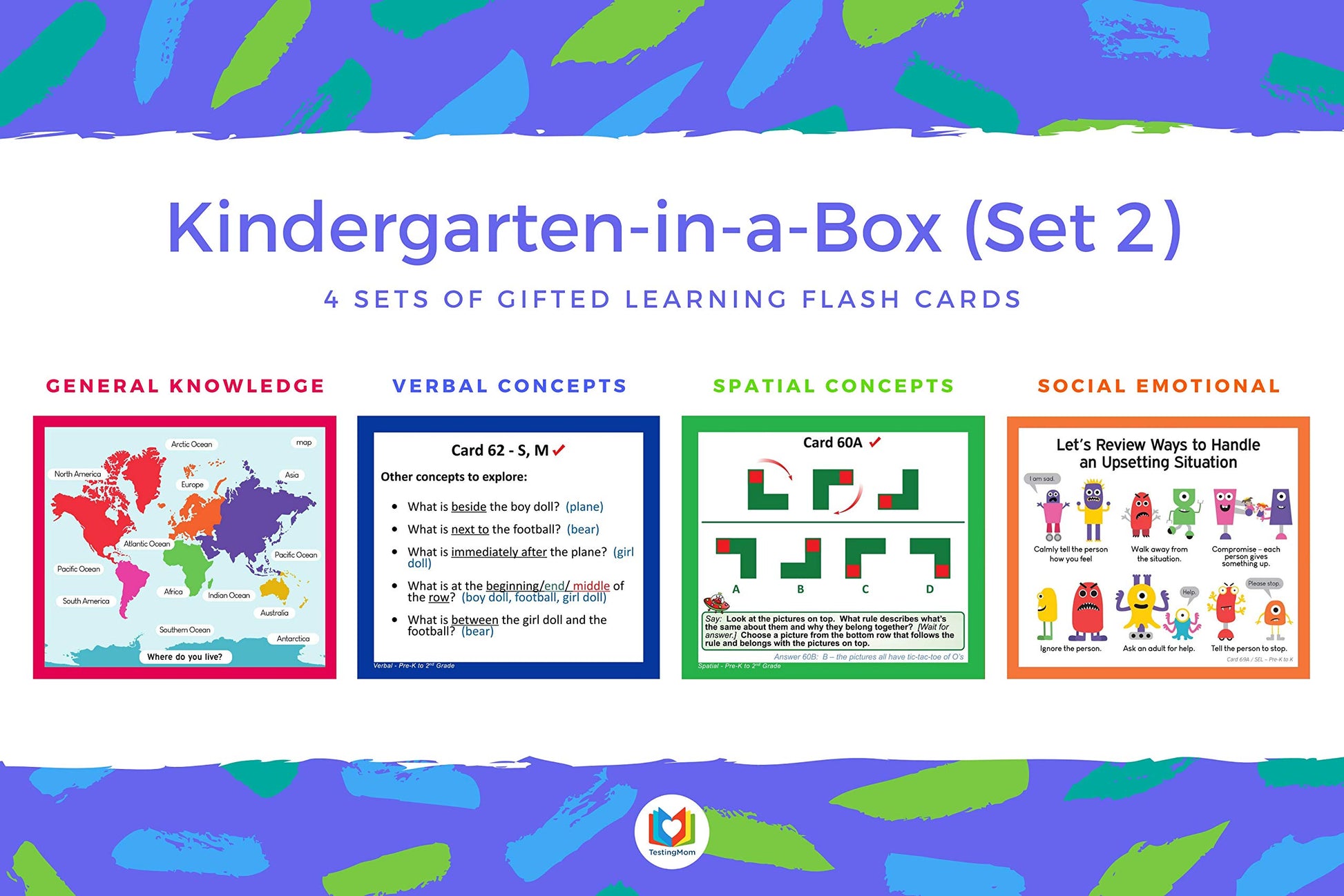 TestingMom.com Kindergarten-In-A-Box - Gifted Learning Flash Cards Bundle (Set 2) - General Knowledge, Verbal, Spatial, Social Emotional Learning