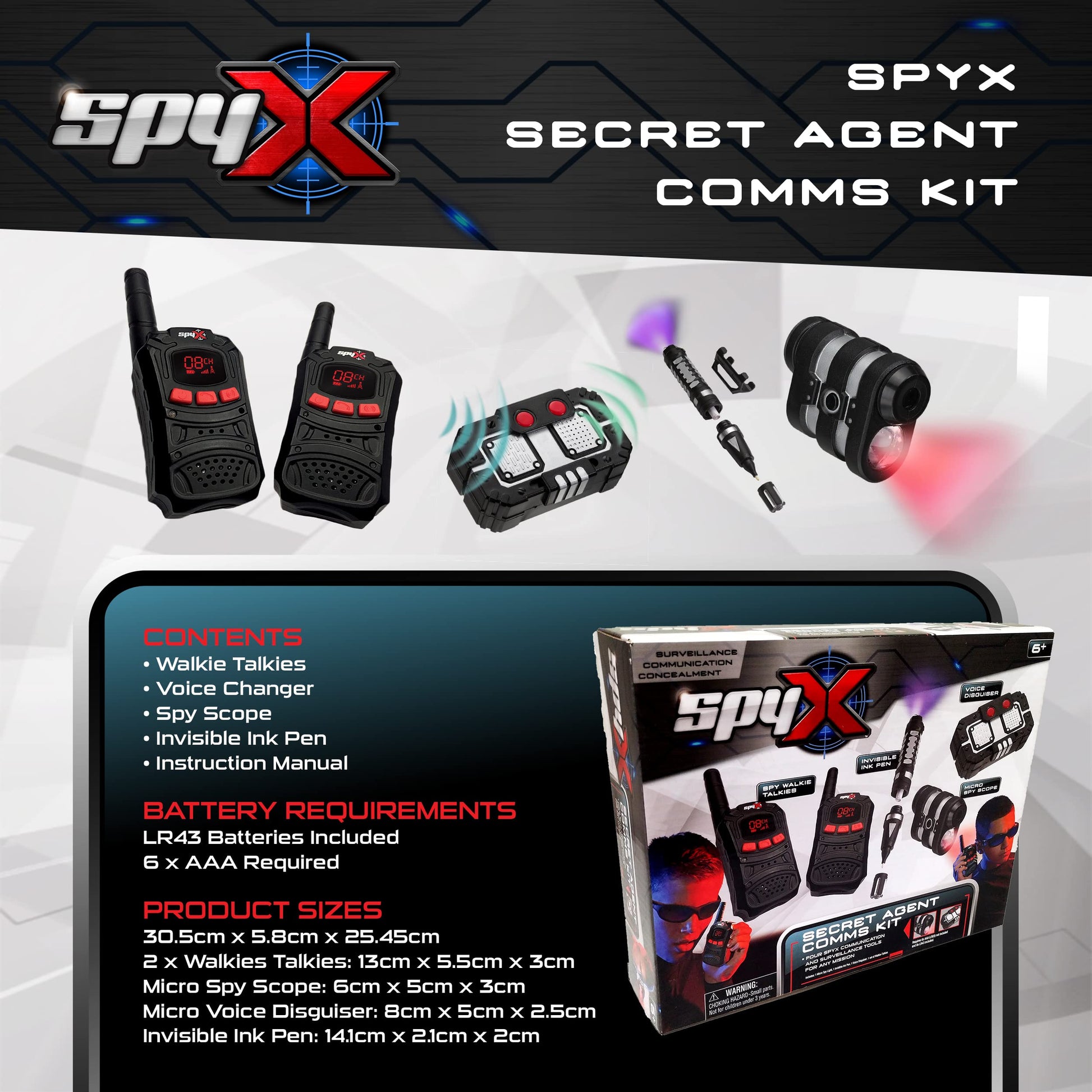 SpyX / Secret Agent Comms Kit - Includes Spy Toy Walkie-Talkie Pair / Micro Spy Scope / Invisible Ink Pen / Secret Voice Disguiser. 4 Communication &