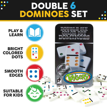 Toysery Double 6 Dominoes Set with Colored Dots. 28 Piece Set White Dominos for Kids with Tin Case. Educational Game Set