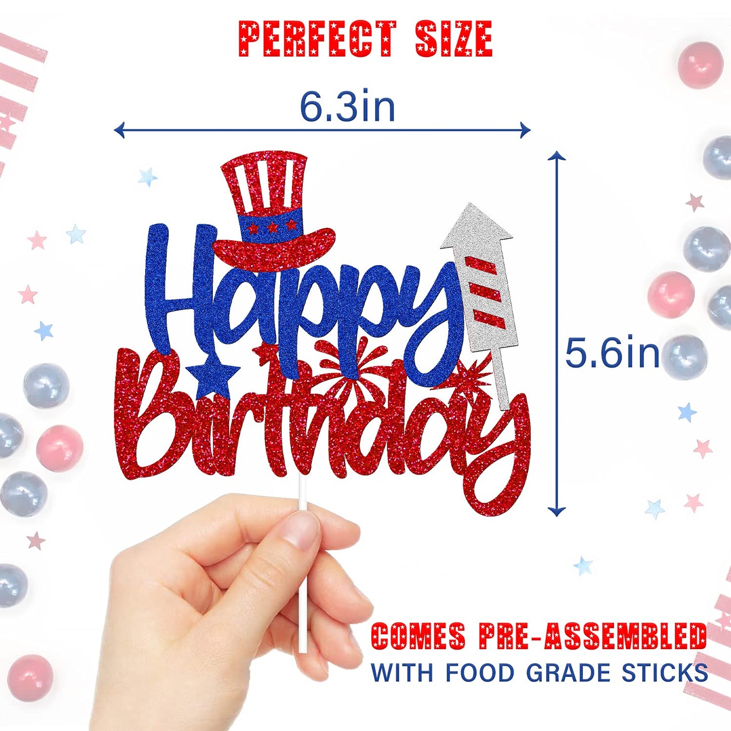 Levvcirki Independence Day Cake Topper Happy Birthday Cake Decoration for Boys Girls Red and Blue Glitter USA Patriotic Cake Decorations for Happy 4th