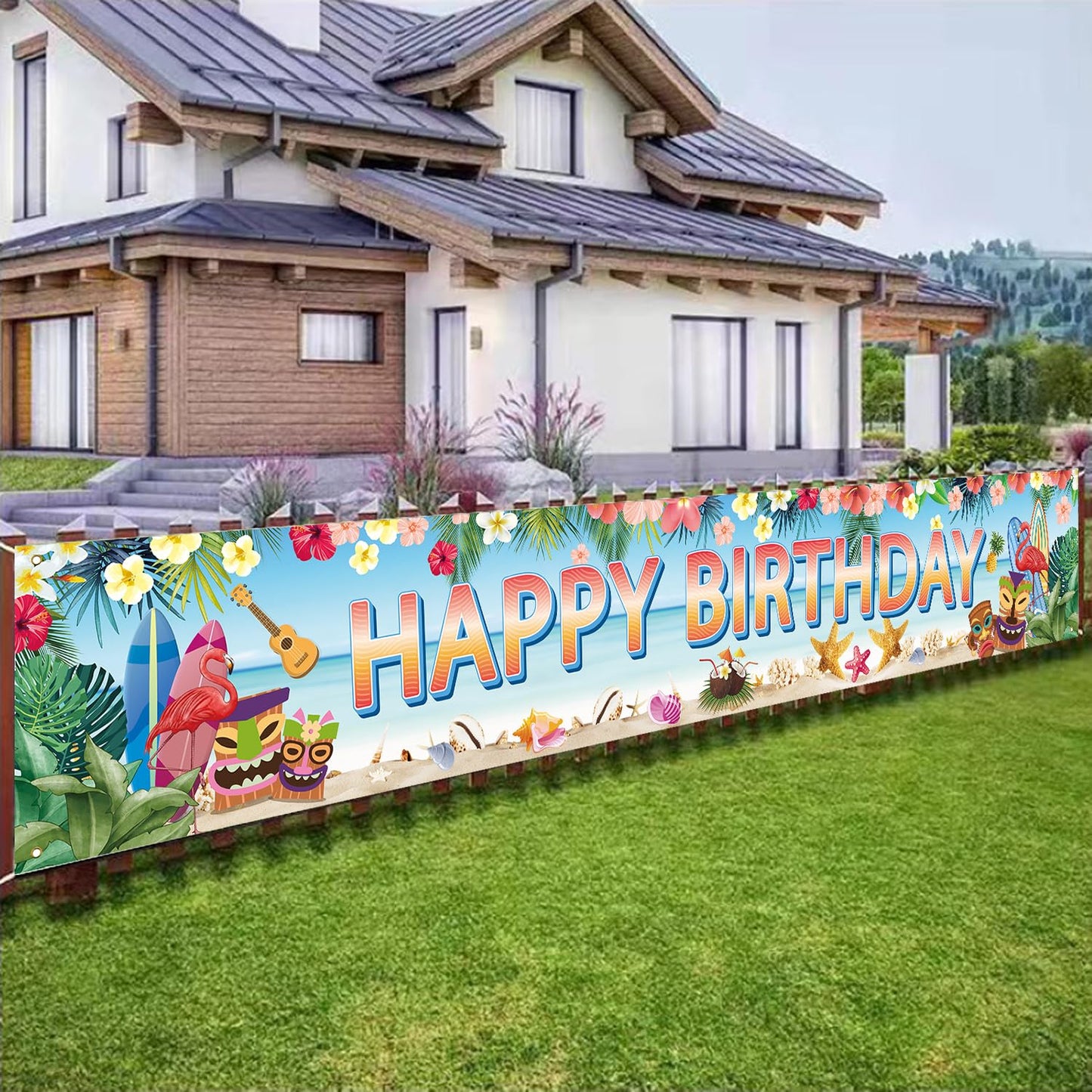 Hawaiian Birthday Banner, 118 x 20 Inch Aloha Luau Hawaiian Party Decorations for Outdoor Porch Fence Patio