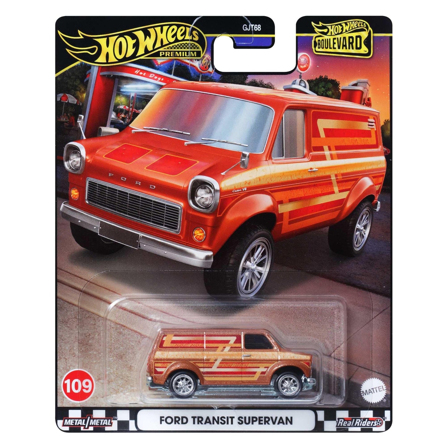 Hot Wheels Premium Boulevard Ford Transit Supervan, 1:64 Orange, #109 Die-Cast Metal Collectible Model