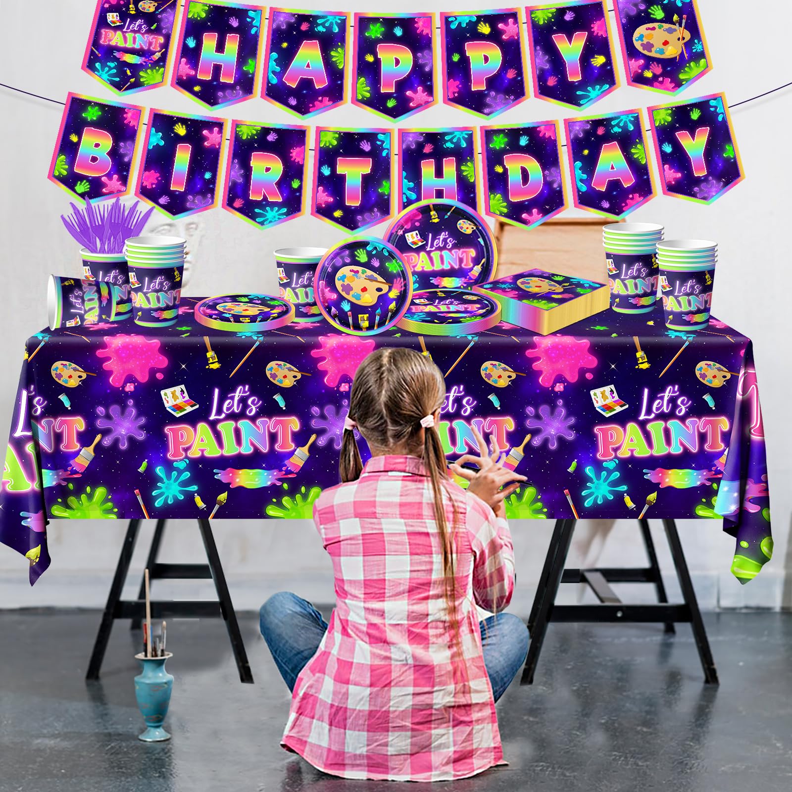 Art Painting Party Supplies,142pcs Paint Splatter Party Tableware Neon Glow Decorations Set Art Party Dessert Plates Paint Splatter Napkins Let’s