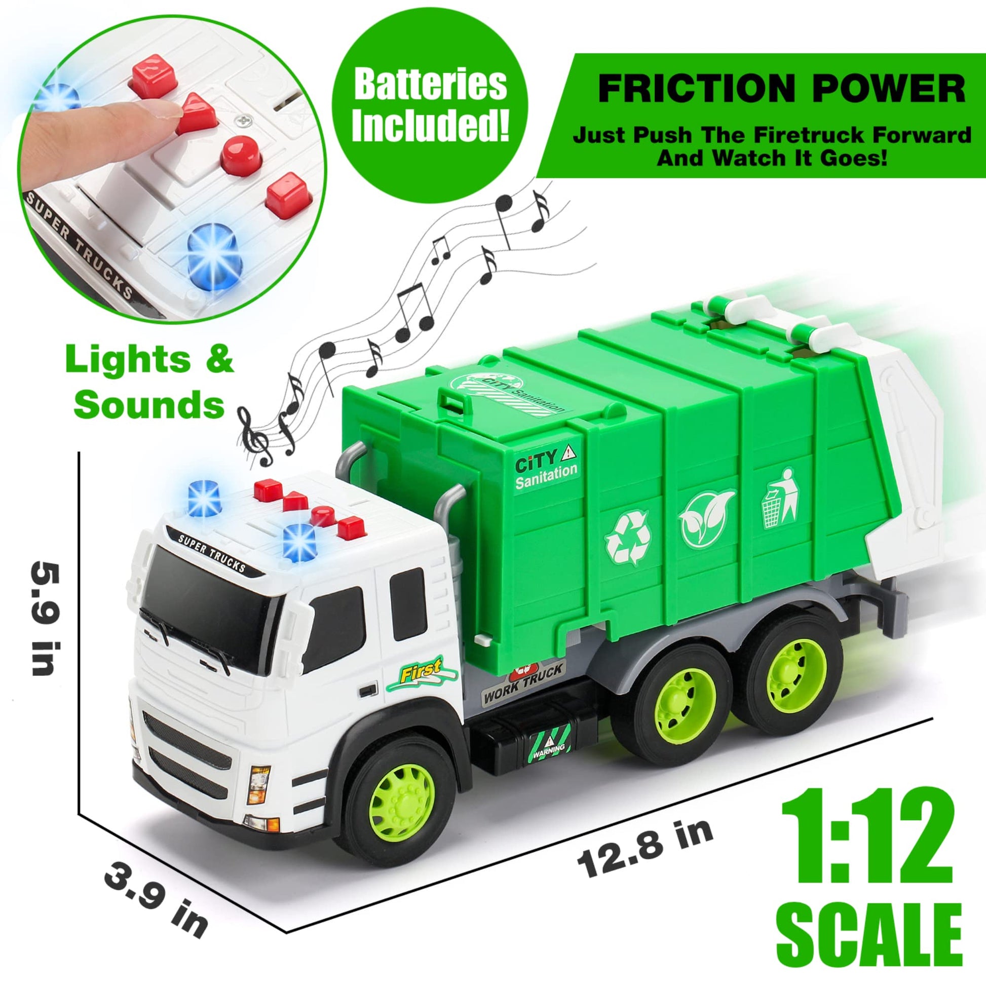 MOBIUS Toys Garbage Truck - Large 1:12 Scale Recycling Truck with Lights, Sounds & Moving Parts - Durable BPA-Free Trash Truck for Kids Ages 3-7