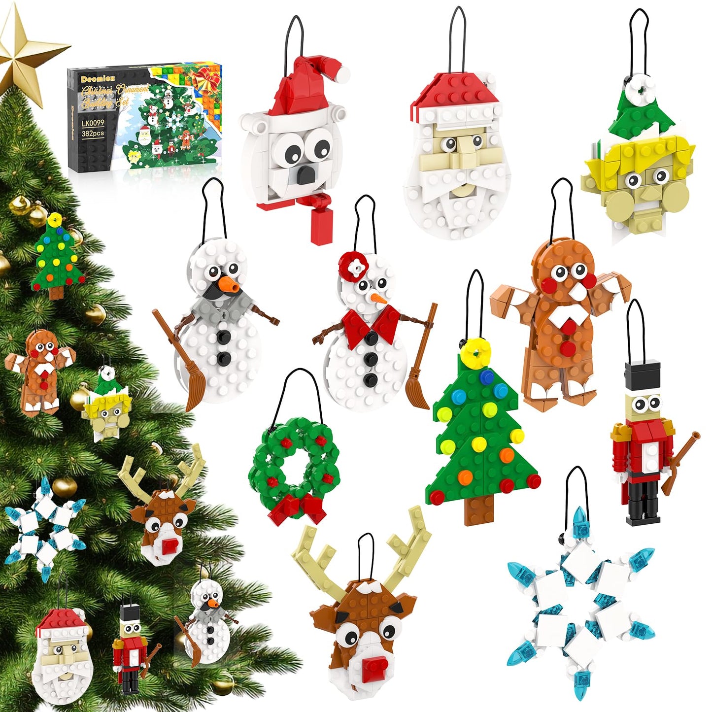 EIAVURPE Christmas Ornaments Building Set, 11-in-1 Christmas Tree, Wreath, Nutcracker, Gingerbread, Polar Bear, Snowflake, Reindeer, Santa, Stocking