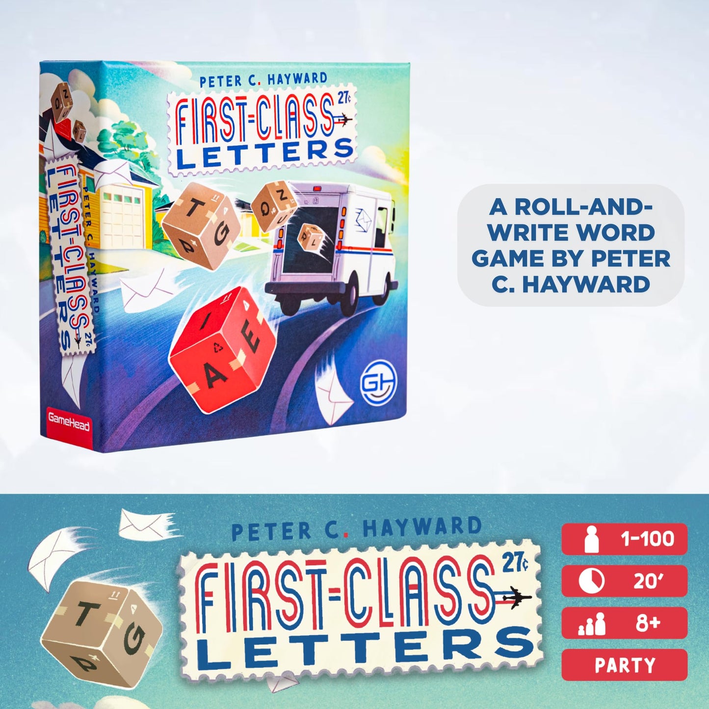 GameHead First-Class Letters, Roll & Write Word Game for Families and Parties, Ages 8+, 1-100 Players, Fast Paced 20 Minute Play Time, Fun and Travel
