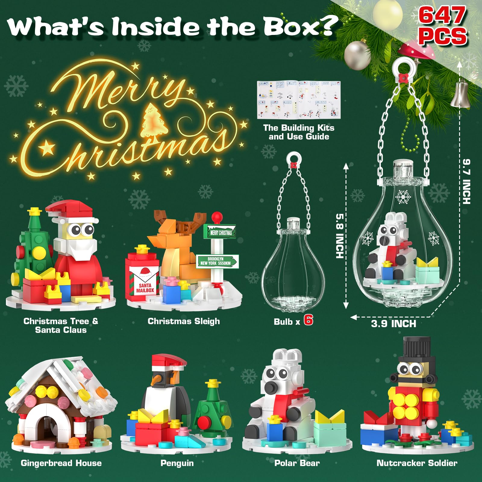 2026 Light-Up Christmas Ornament Building Kit - 647 PCS Holiday Building Blocks Set for Kids and Adults, Featuring Gingerbread House, Santa, Reindeer
