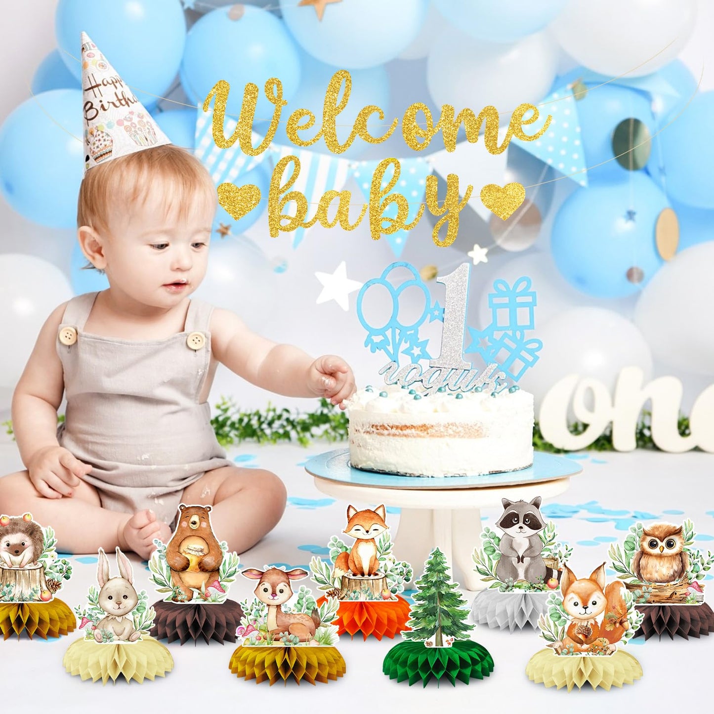 10-Piece Woodland Baby Shower Honeycomb Centerpieces with Welcome Baby Banner - Forest Animals Table Decorations for Baby Shower, Gender Reveal