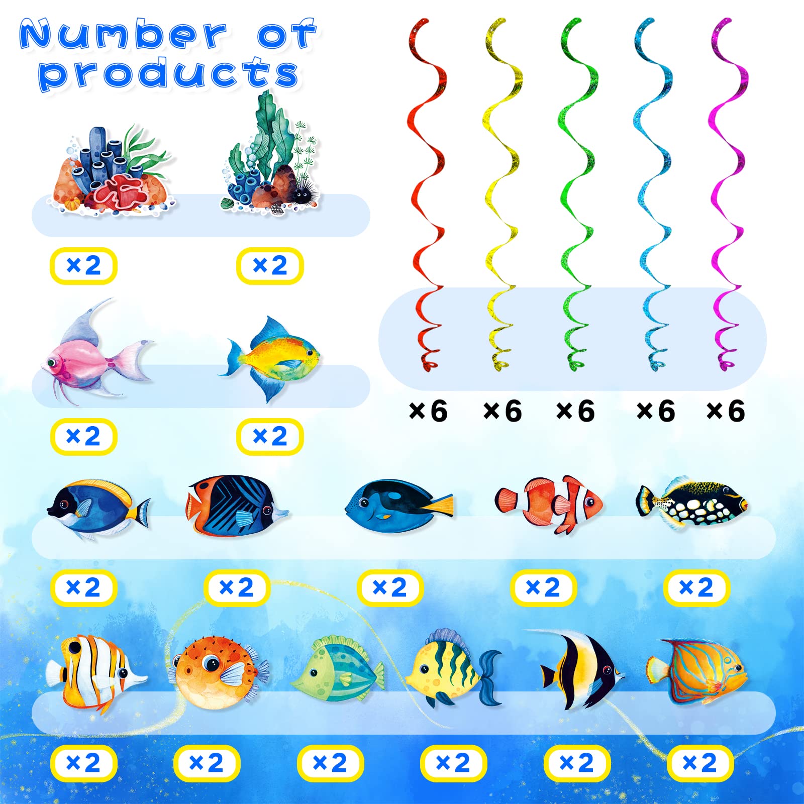 Tropical Fish Hanging Swirls Banner Decor 30 Pack Foil Ceiling Hanging Swirls Streams Banner Decorations Garland for Under the Sea Ocean Celebrating