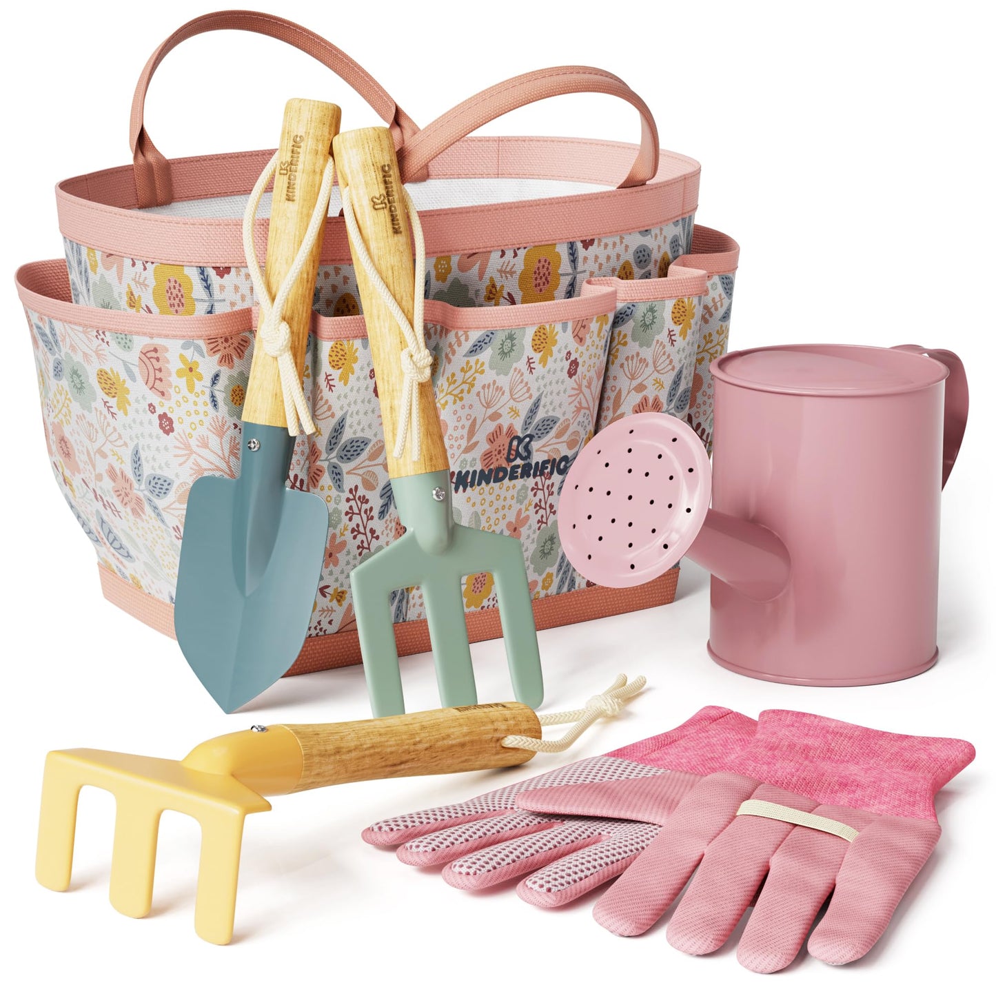 Gardening Set, Tool Kit, for Kids, STEM, Includes Tote Bag, Spade, Watering Can, Rake, Fork, Trowel and Gloves (Petal)