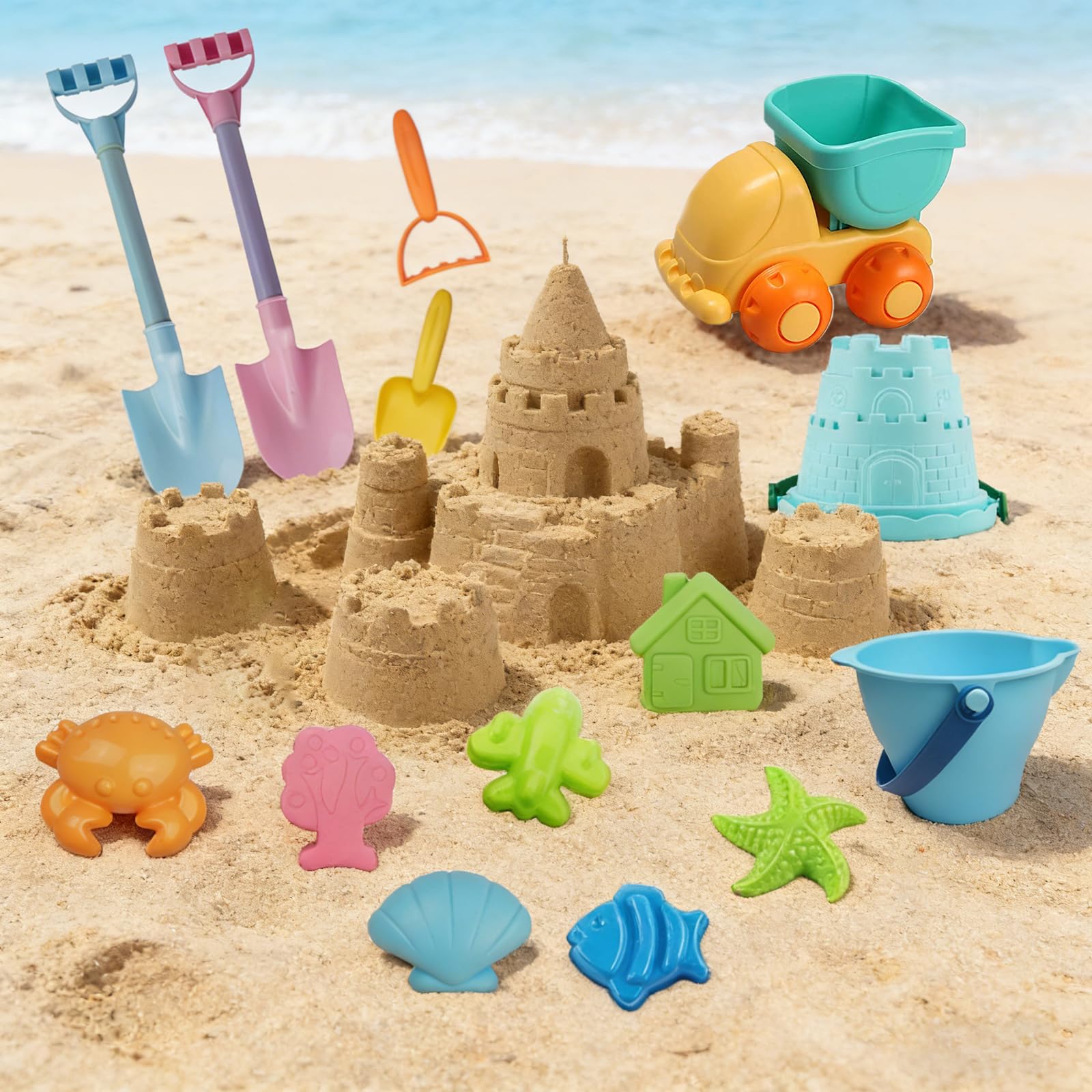 IOKUKI Long Shovels Sand Toys Set with Mesh Bag Including Dump Truck, Beach Buckets, Shovels, Rakes, Molds, Outdoor Beach Toy Tool Kit for Kids