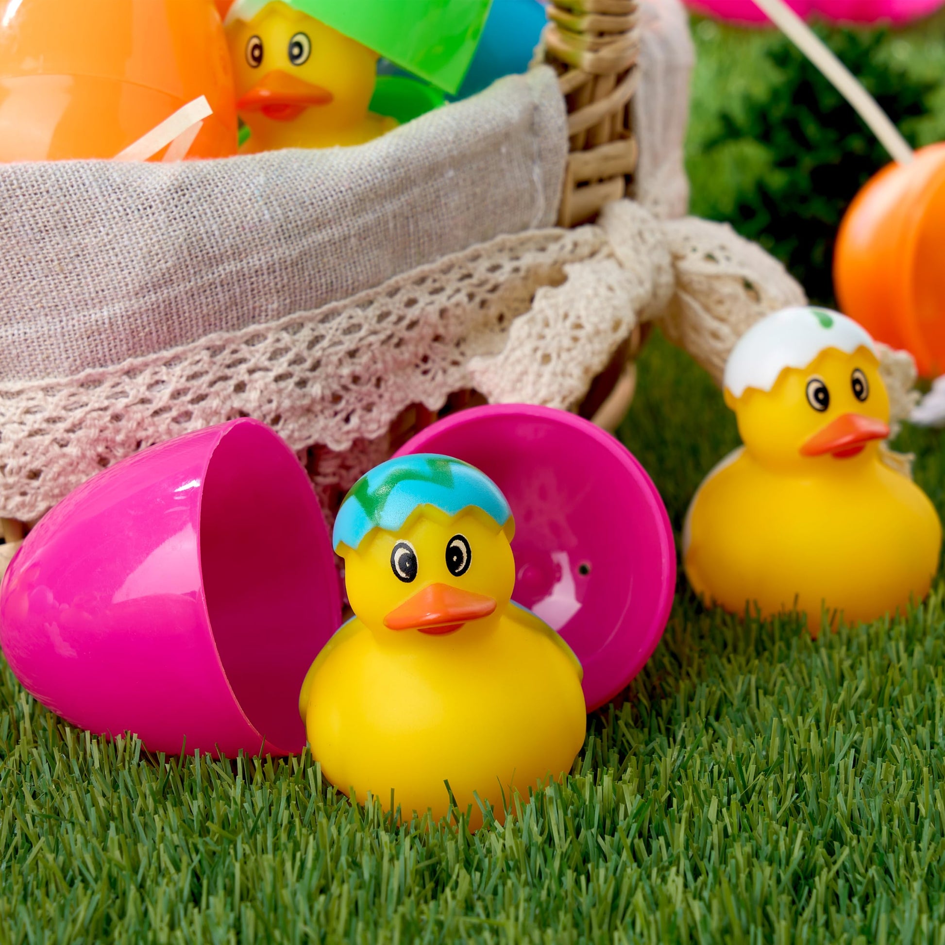 JOYIN 24 Pcs Prefilled Easter Eggs with Rubber Ducks, Variety Duckies for Easter Egg Hunt, Kids Basket Stuffer, Bath Toy Party Favors, Classroom Prize