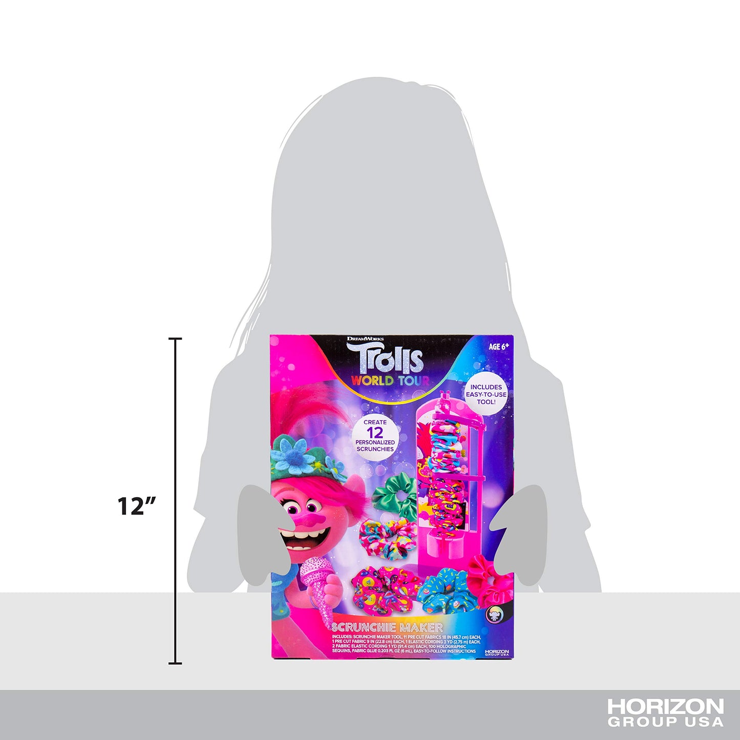Trolls World Tour Scrunchie Maker by Horizon Group USA. Create 12 Personalized Trolls Hair Scrunchies. Mix & Match Fun Fabrics. Glue in Fun Sequins