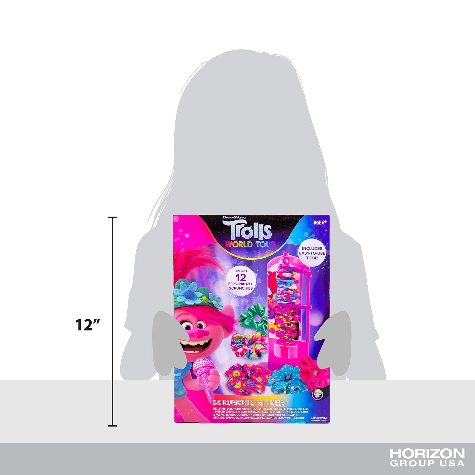 Trolls World Tour Scrunchie Maker by Horizon Group USA. Create 12 Personalized Trolls Hair Scrunchies. Mix & Match Fun Fabrics. Glue in Fun Sequins