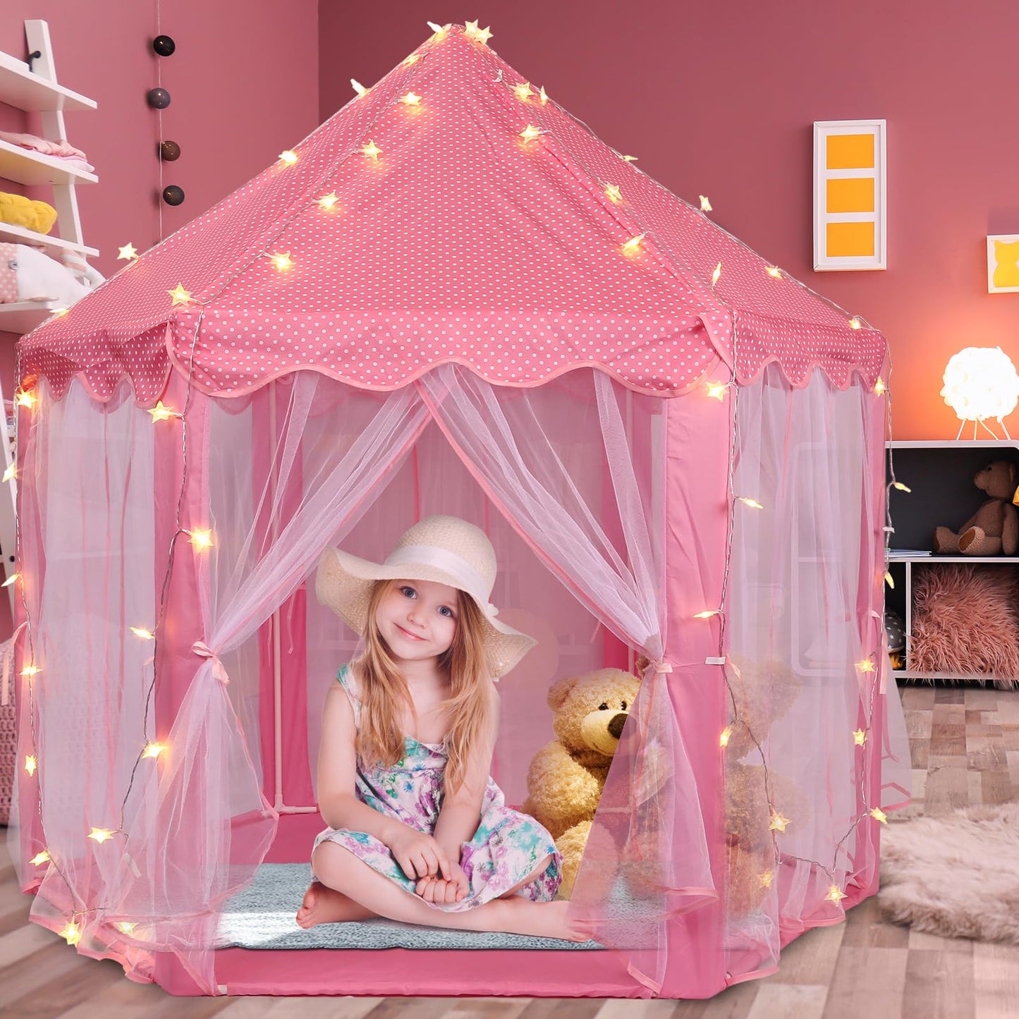 Volscity Princess Tent with LED Star Lights,Kids Castle Play Tent for Girls,Large Playhouse Girl Toy Gifts Age 3+,Indoor and Outdoor Games 55.5"x