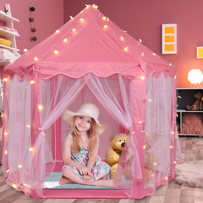 Volscity Princess Tent with LED Star Lights,Kids Castle Play Tent for Girls,Large Playhouse Girl Toy Gifts Age 3+,Indoor and Outdoor Games 55.5"x