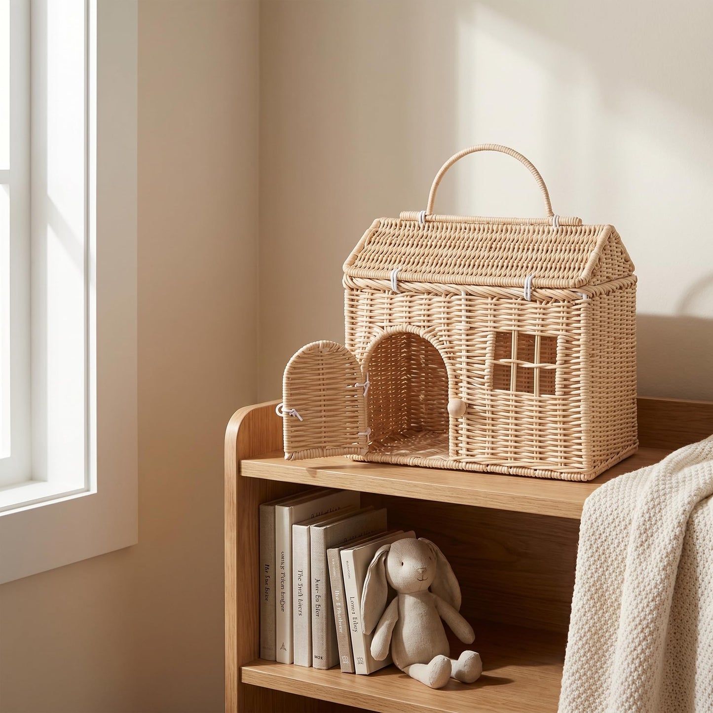 Rool Rattan House Shaped Basket Wicker Small Dollhouse Gift for Girls, Boho Toys, Mouse in a Box House, Little Girl Purse Clutch, Doll Carrier (Cream)