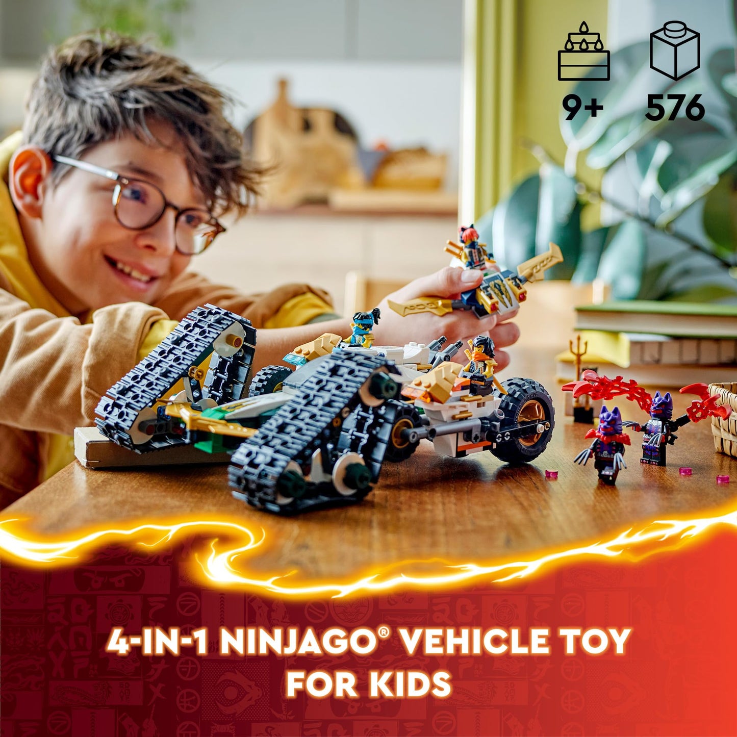 LEGO NINJAGO Ninja Team Combo Vehicle, 4 in 1 Ninja Playset for Kids with Glider, Off-Road Racer and 2 Motorcycle Toys, Birthday Gift for Boys