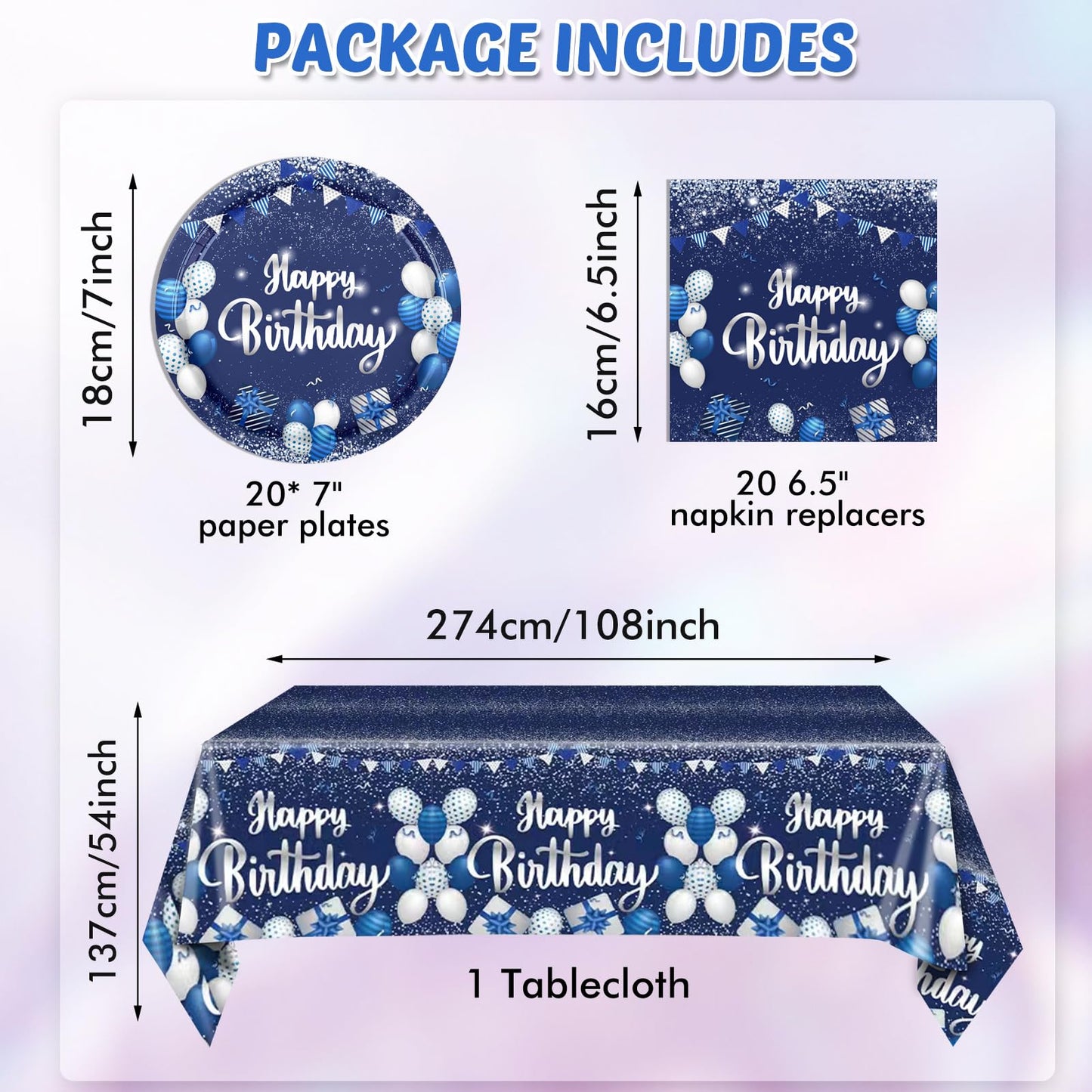 Navy Blue and Sliver Birthday Decorations Happy Birthday Party Tableware Set Happy Birthday Tablecloths and Plates Napkins Party Dinnerware for Men