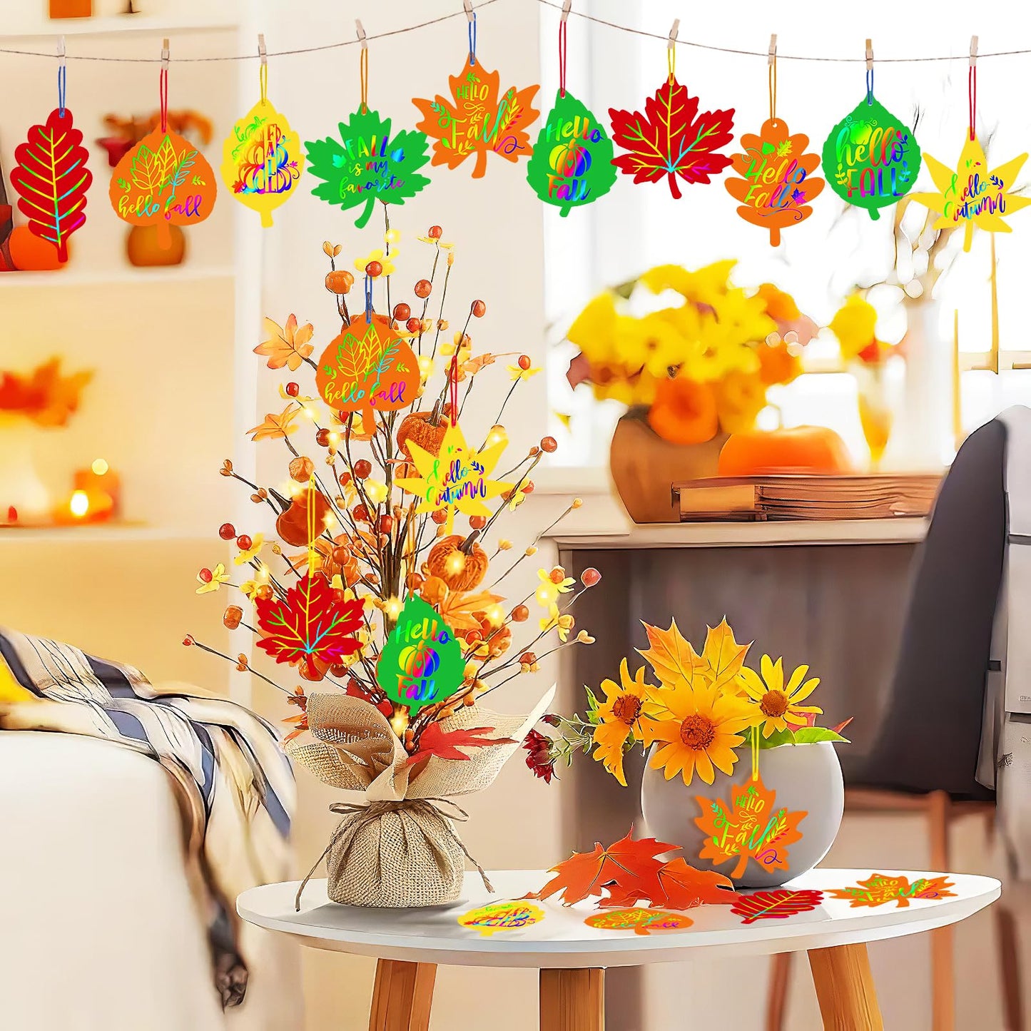 Sealmic 60 Packs Fall Scratch Art Harvest Rainbow Scratch Paper Art Set Thanksgiving Arts and Crafts Colorful Fall Leaves with Colored Ribbons Wooden