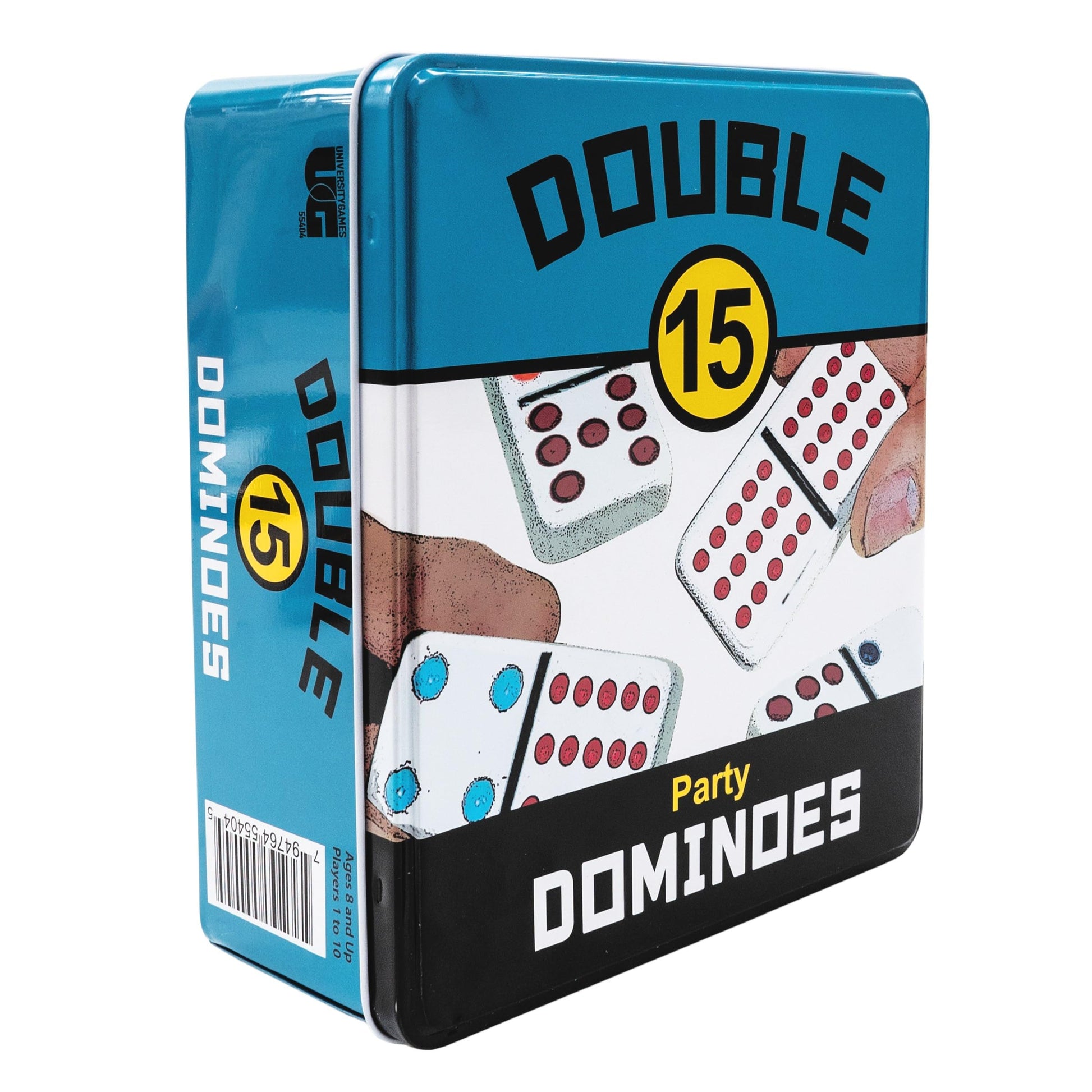 Front Porch Classics, Double 15 Color Dot Dominoes Set On-the-Go Travel Storage Tin, 2 to 12 Players Ages 8 to 99