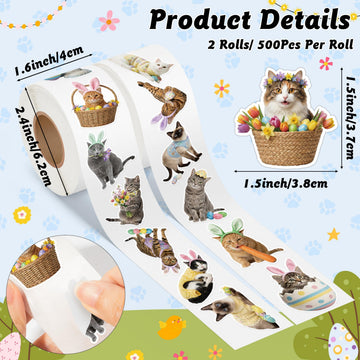5wsech Cute Realistic Cat Roll Stickers - 1000 Colorful Eggs Rabbit Ears Holiday Dress Up Realistic Cat Vinyl Decals for Kids, Funny Kitten Stickers