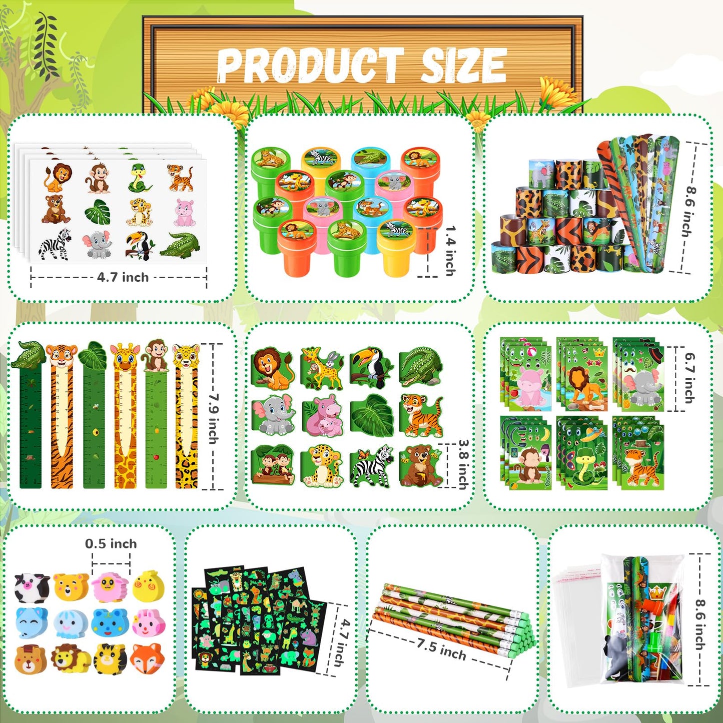 BenLouis 120Pcs Jungle Safari Party Favors Zoo Animals Sticker Stampers Slap Bracelets School Stationery Set Bulk Classroom Prizes for Kids Wild One