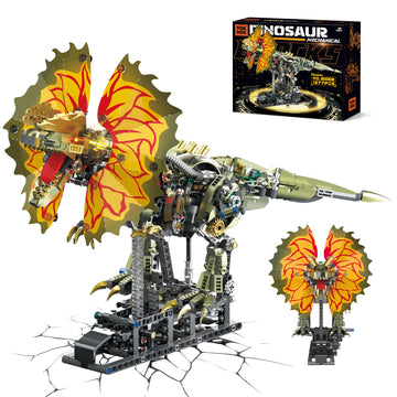 OrbBlaster Mechanical Dilophosaurus Building Set, Technic Dinosaur Model with Manual Linkage & LED Eyes, Steampunk Robot Collectible, Creative STEM