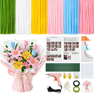 600 PCS Pipe Cleaner Flower Kit, 6-Color Bulk Chenille Stems with Glue Gun & 10 Glue Sticks for DIY Crafts & Holiday Decorations