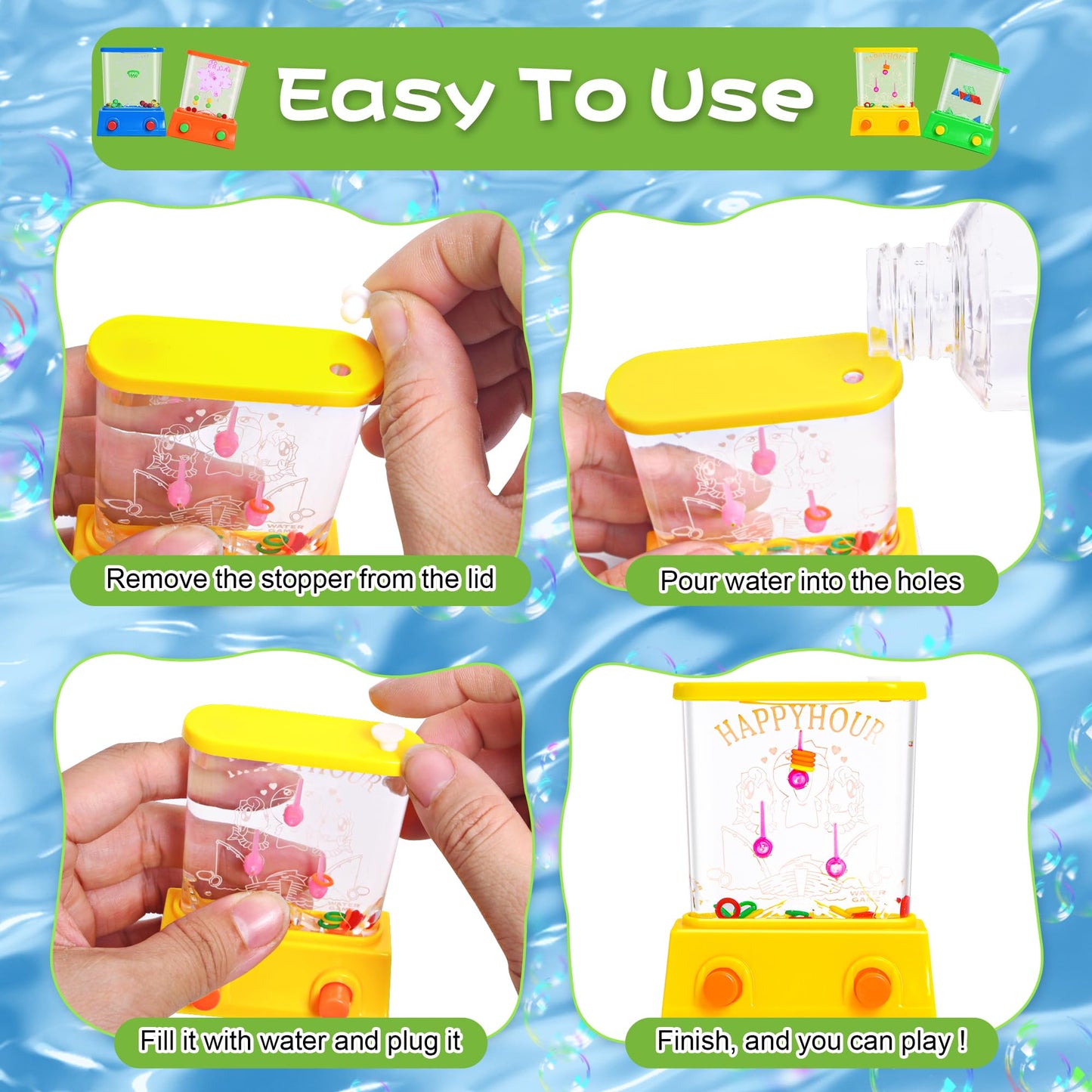 WARTTOY 4 Pieces Handheld Water Games -Beach Water Table Water Ring Small Toys- Mini Arcade Retro Pastime Game - Fun Games for Teenagers - Need to add