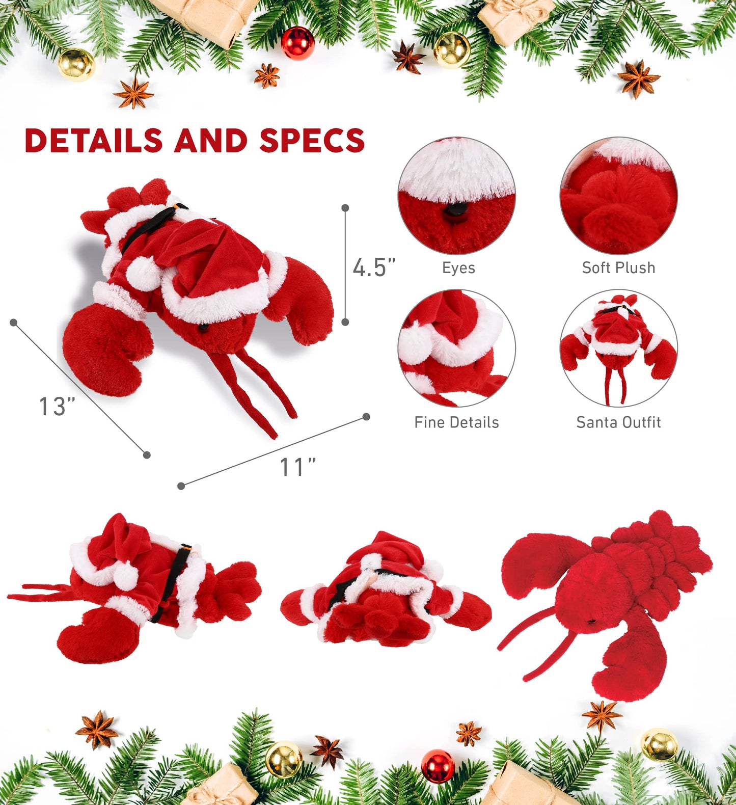 DolliBu Santa Red Lobster Stuffed Animal Plush Toy - Super Soft Ocean Life Animal Dress Up with Red Santa Claus Outfit, Cute Ocean Life Gift, Perfect