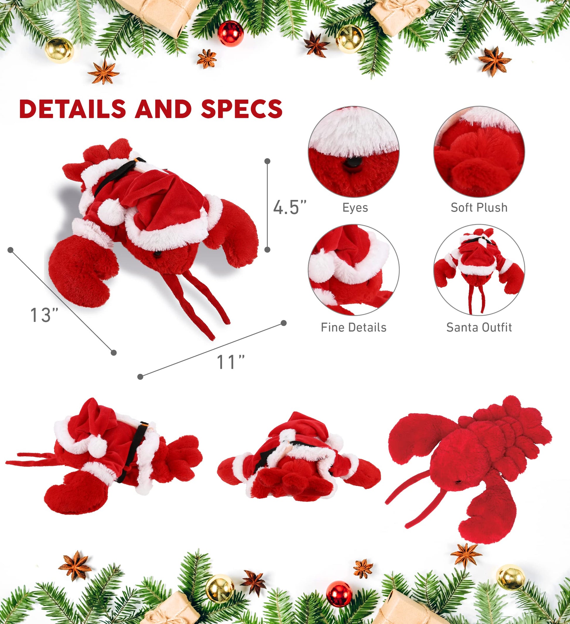 DolliBu Santa Red Lobster Stuffed Animal Plush Toy - Super Soft Ocean Life Animal Dress Up with Red Santa Claus Outfit, Cute Ocean Life Gift, Perfect
