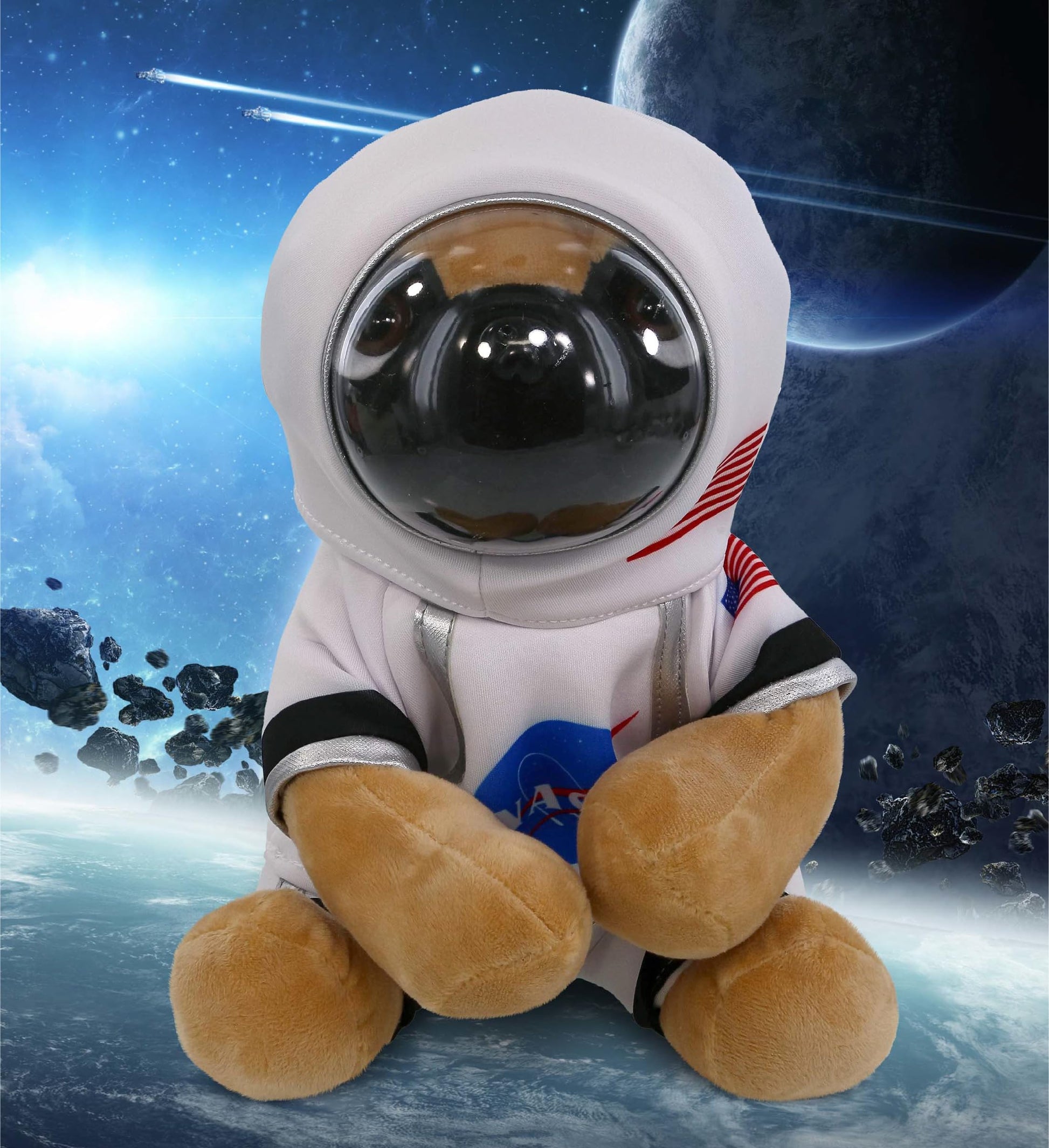 DolliBu Big Eyed Pug Dog Astronaut Plush Toy - Pet Astronaut Stuffed Animal with Space Helmet and NASA Astronaut Suit, Spaceman Doll Decor for Girls