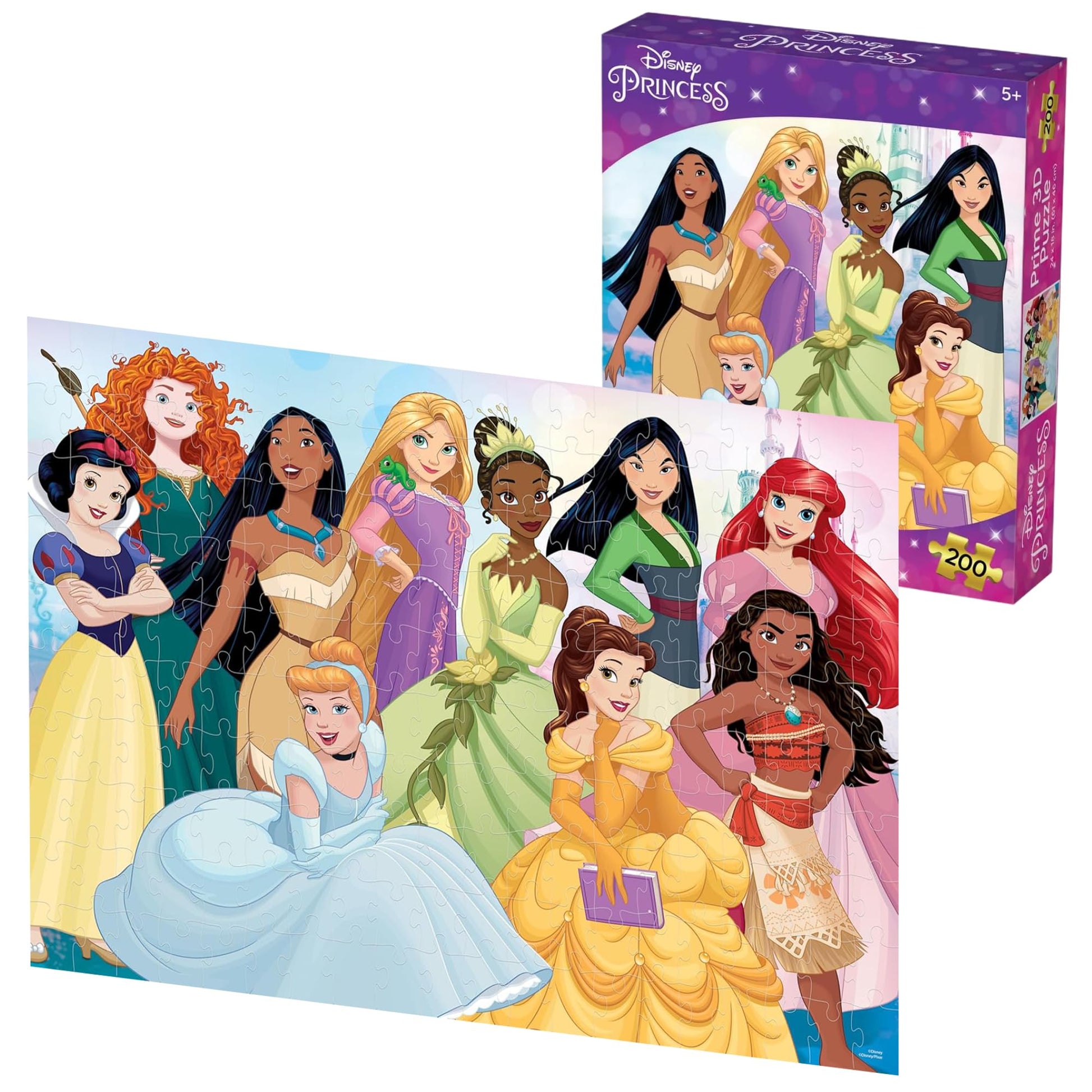 Prime 3D Disney Princess Collection Puzzle - 200 Piece 3D Lenticular Jigsaw for Kids & Families, 24"x18" Magical Activity with Motion, Official