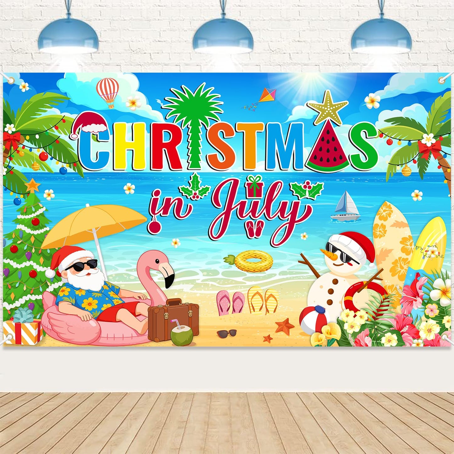 Christmas in July Backdrop 72.8'' x 43.3'', Christmas in July Background Banner Party Decorations with Beach Snowman Santa for Summer Holiday Hawaiian