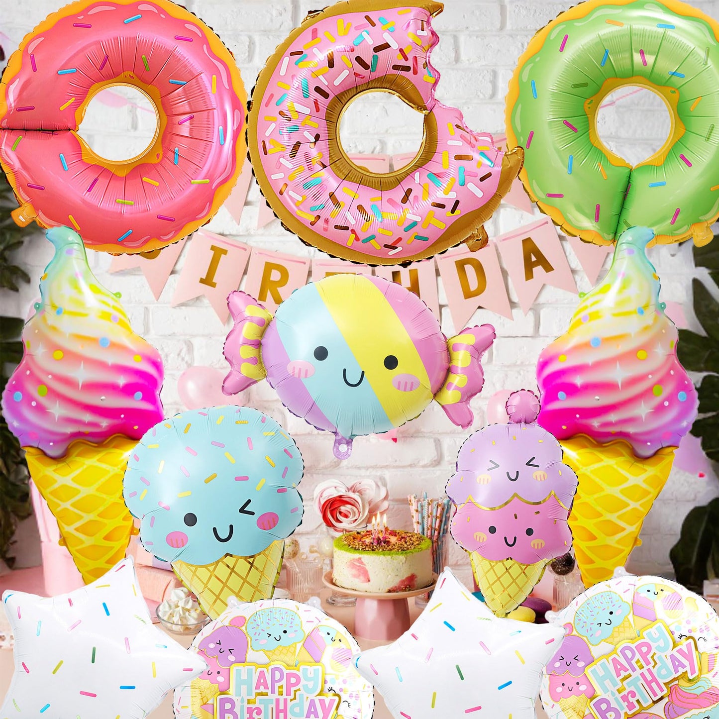 12 PCS Large Ice Cream Theme Balloons, Donut & Candy Foil Mylar Balloons for Ice Cream Party Decorations, Summer Birthday, Baby Shower Supplies
