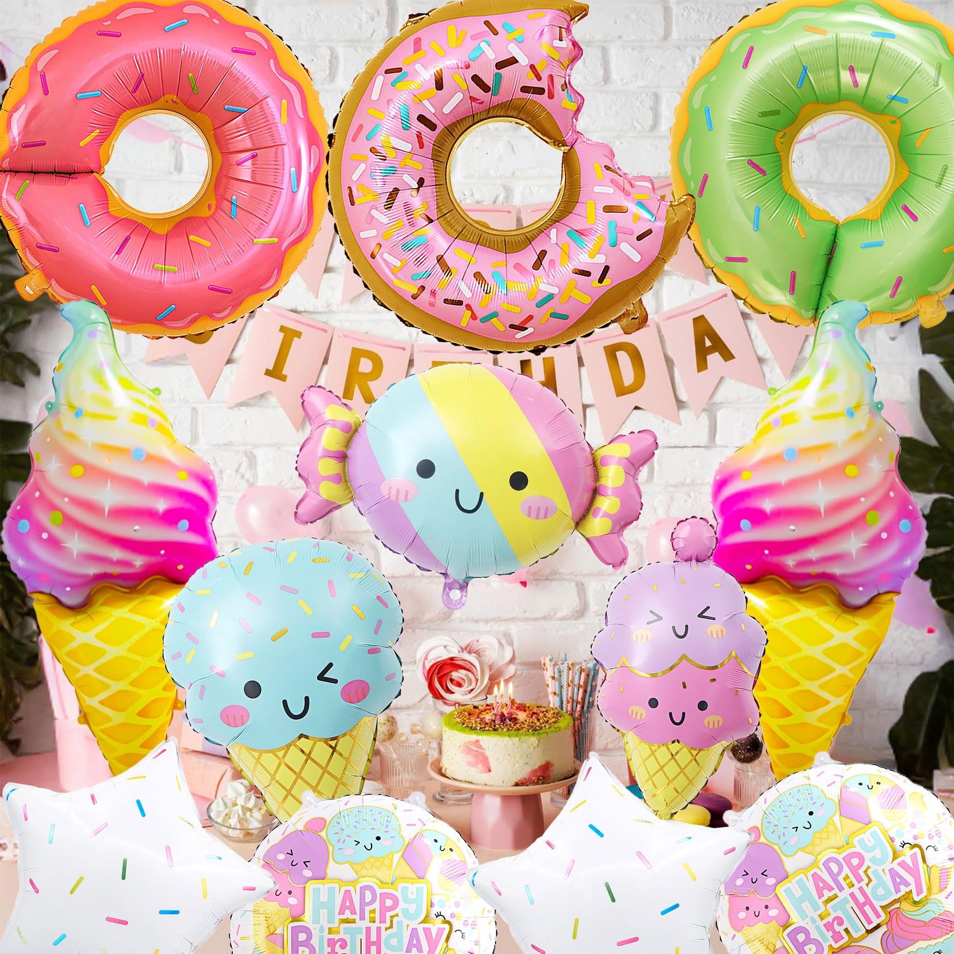 12 PCS Large Ice Cream Theme Balloons, Donut & Candy Foil Mylar Balloons for Ice Cream Party Decorations, Summer Birthday, Baby Shower Supplies