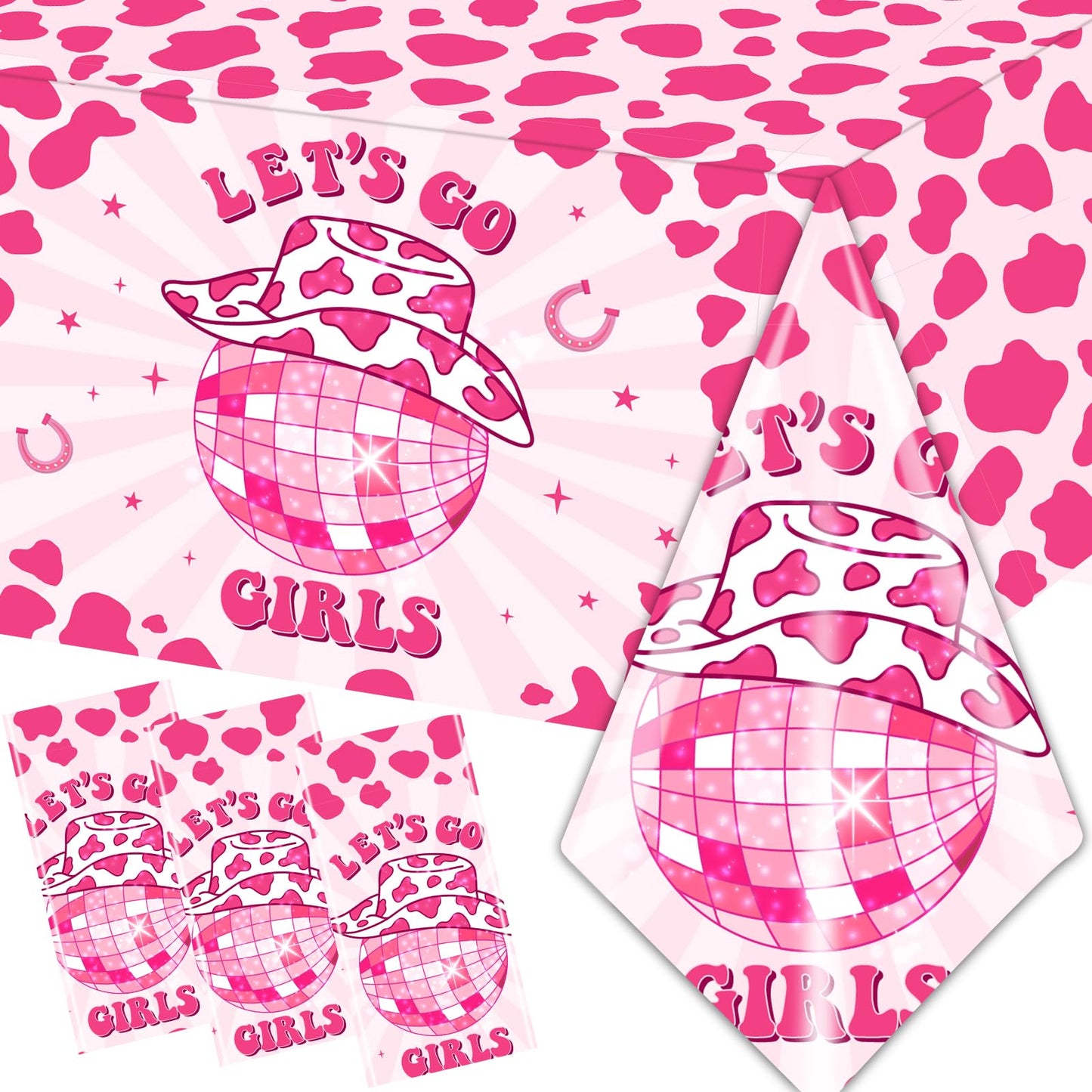 Let's Go Girls Tablecloths, 3 Pcs Cowgirl Birthday Supplies Rectangle Table Covers, Disposable Disco Cowgirl Tablecloth for Bachelorette Party