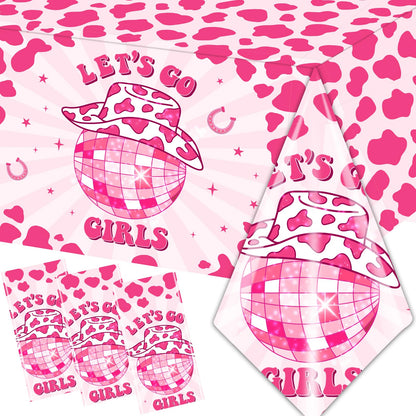 Let's Go Girls Tablecloths, 3 Pcs Cowgirl Birthday Supplies Rectangle Table Covers, Disposable Disco Cowgirl Tablecloth for Bachelorette Party