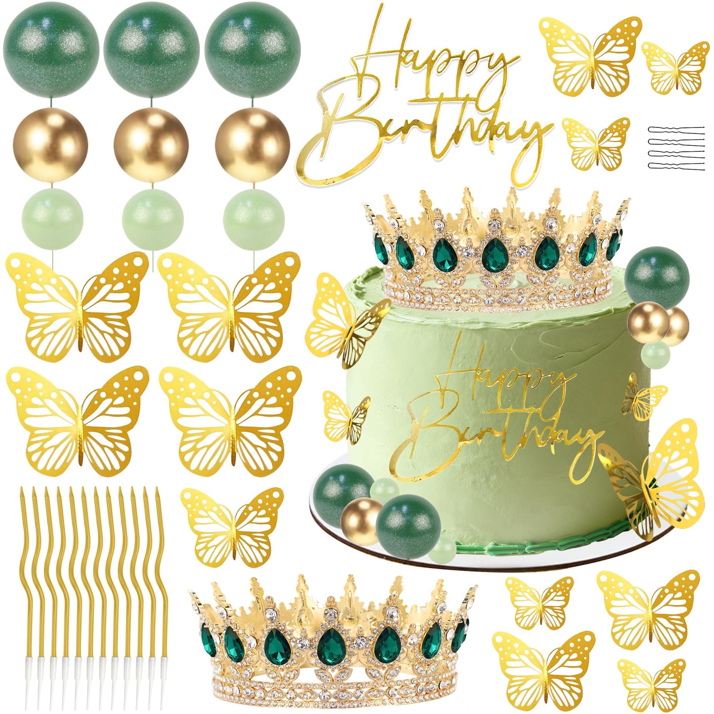 AMZVALU Corona Para Pastel, Crown Cake Topper, Crown Happy Birthday Cake Toppers Balls Candles Butterflies Cake Decorations, Birthday Crown for Women