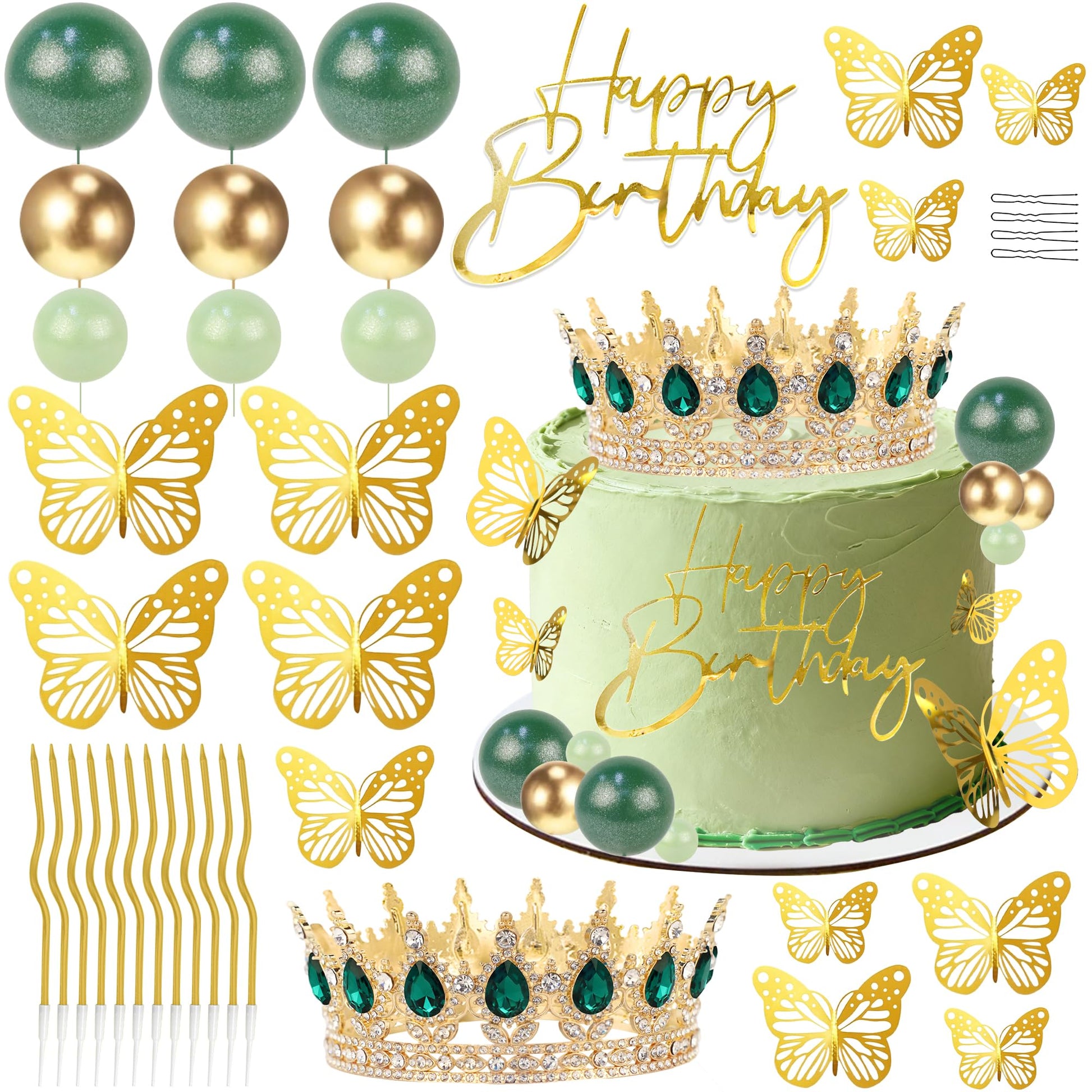 AMZVALU Corona Para Pastel, Crown Cake Topper, Crown Happy Birthday Cake Toppers Balls Candles Butterflies Cake Decorations, Birthday Crown for Women