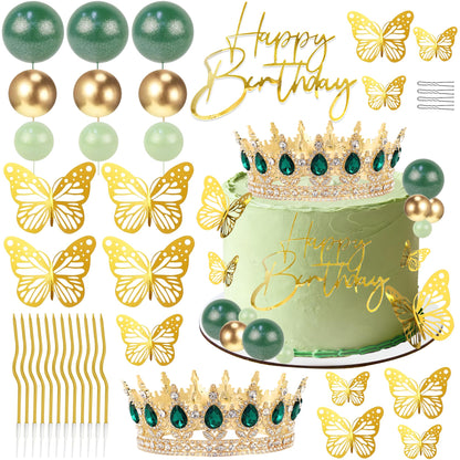 AMZVALU Corona Para Pastel, Crown Cake Topper, Crown Happy Birthday Cake Toppers Balls Candles Butterflies Cake Decorations, Birthday Crown for Women