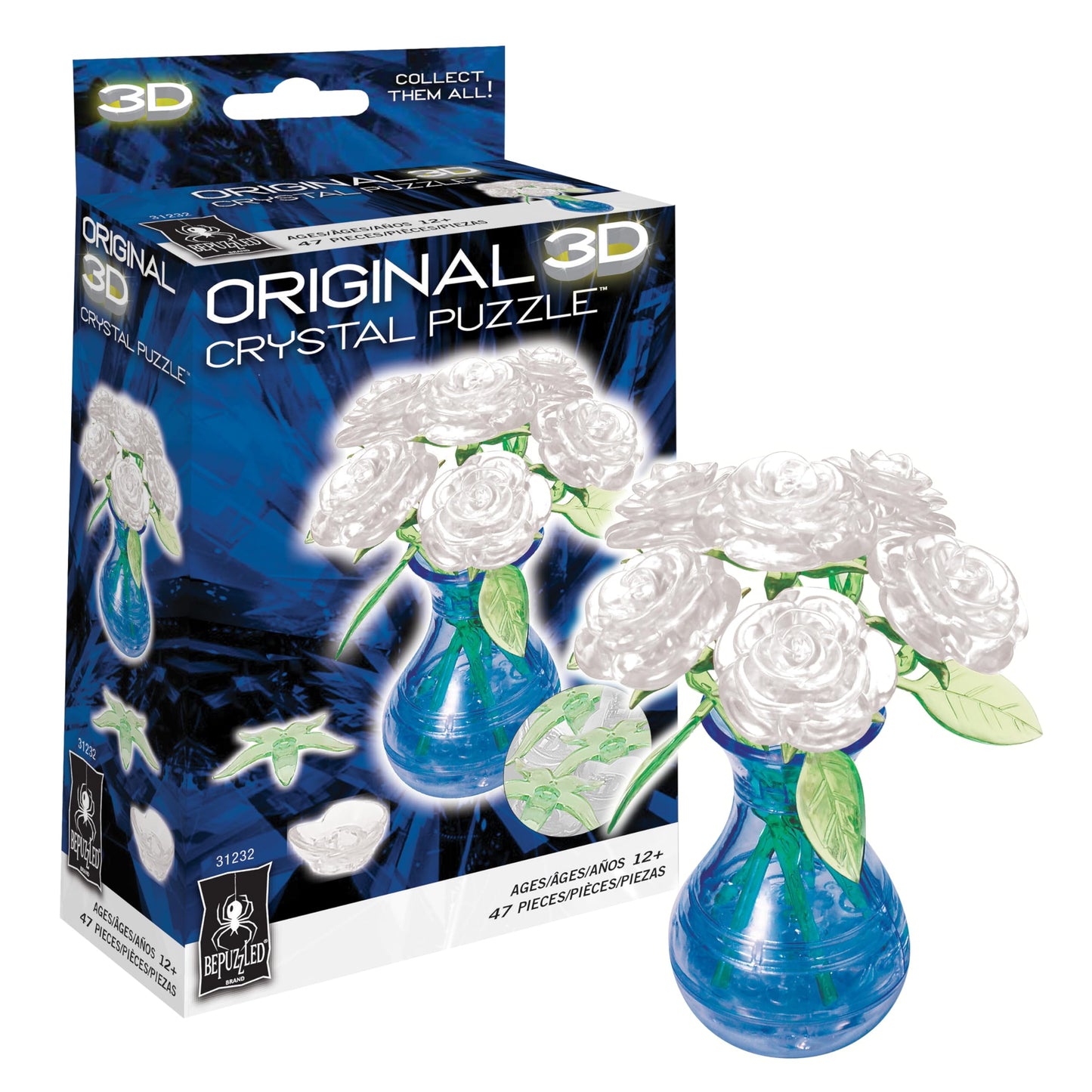 BePuzzled, Roses in Vase Original 3D Crystal Puzzle, 44 Piece Brain Teaser, Collectible Display Puzzle for Kids & Adults Ages 12+, White