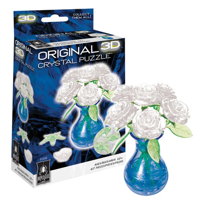 BePuzzled, Roses in Vase Original 3D Crystal Puzzle, 44 Piece Brain Teaser, Collectible Display Puzzle for Kids & Adults Ages 12+, White